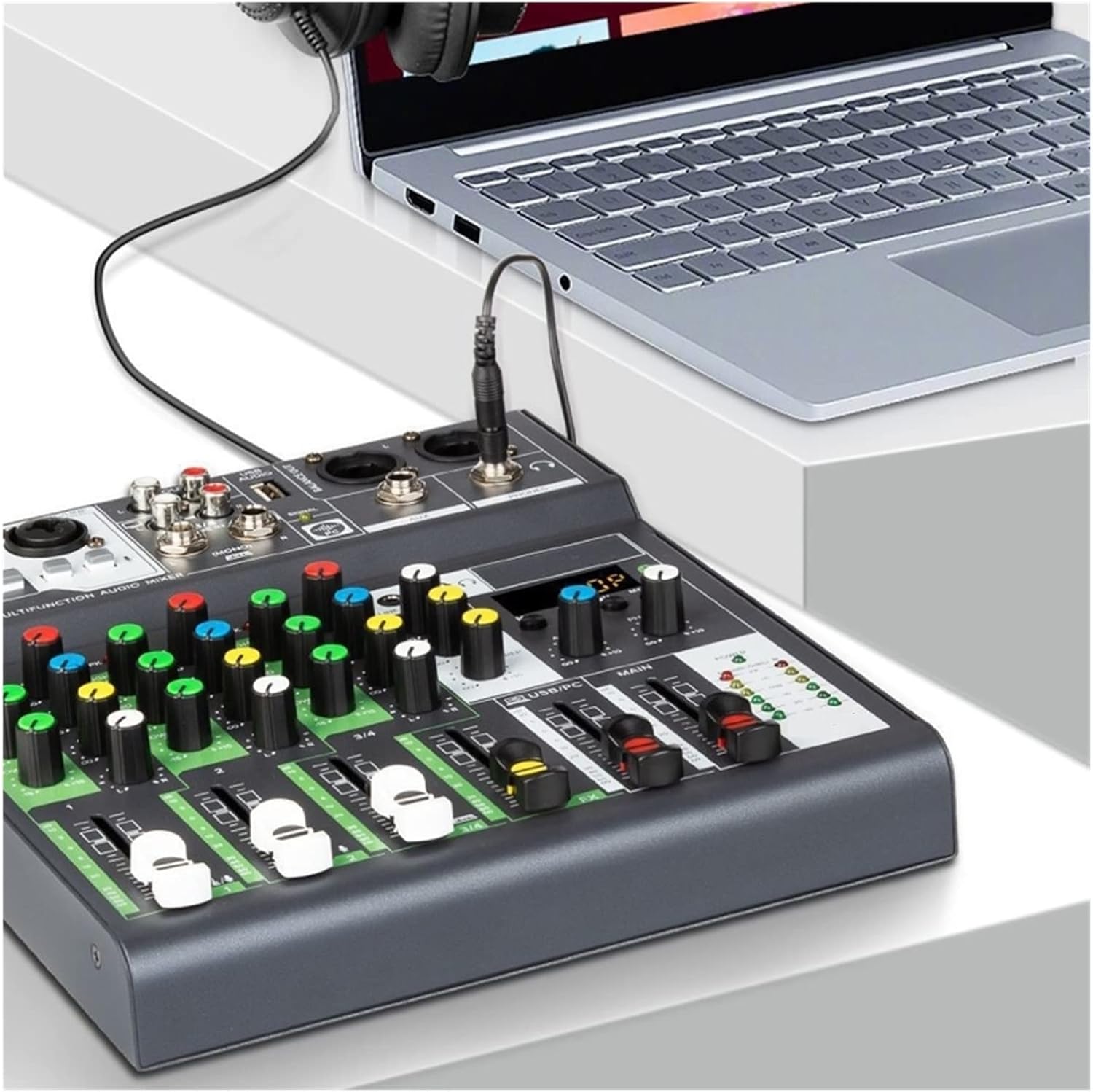 Audio Mixer, Sound Mixing Console USB Record Computer 48V Phantom Power Delay Repaeat Effect 4 Channels USB Mixer-THSDXC84179