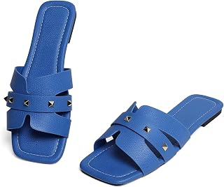 Women's Rivet Embellished Flat Sandals, Dressy Casual Slip-On Slides with Textured Upper & Square Toe, Elegant Comfortable Sandals for Everyday Wear