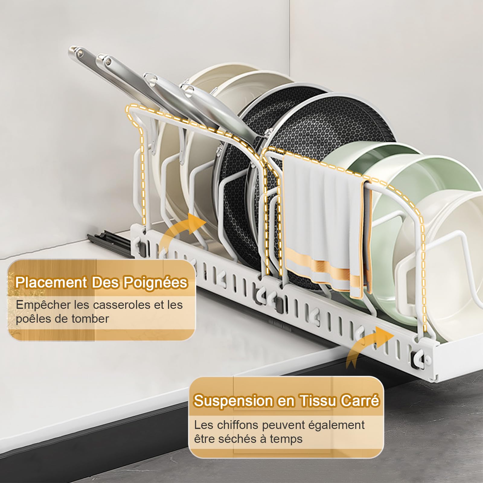 Ensemble de 2 casseroles et poêles Organisateur avec 2 Supports de poignée, Organisateur de Couvercle Coulissant avec 10 séparateurs de Couvercle réglables (Blanc)