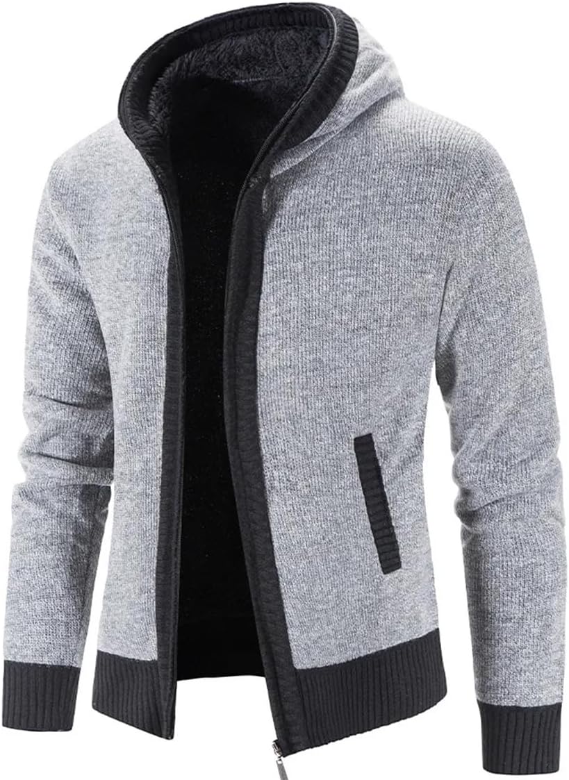 Men's Hooded Thick Warm Knit Cardigan Solid Color Casual Slim Fit Business Knit Cardigan Jacket with Pockets