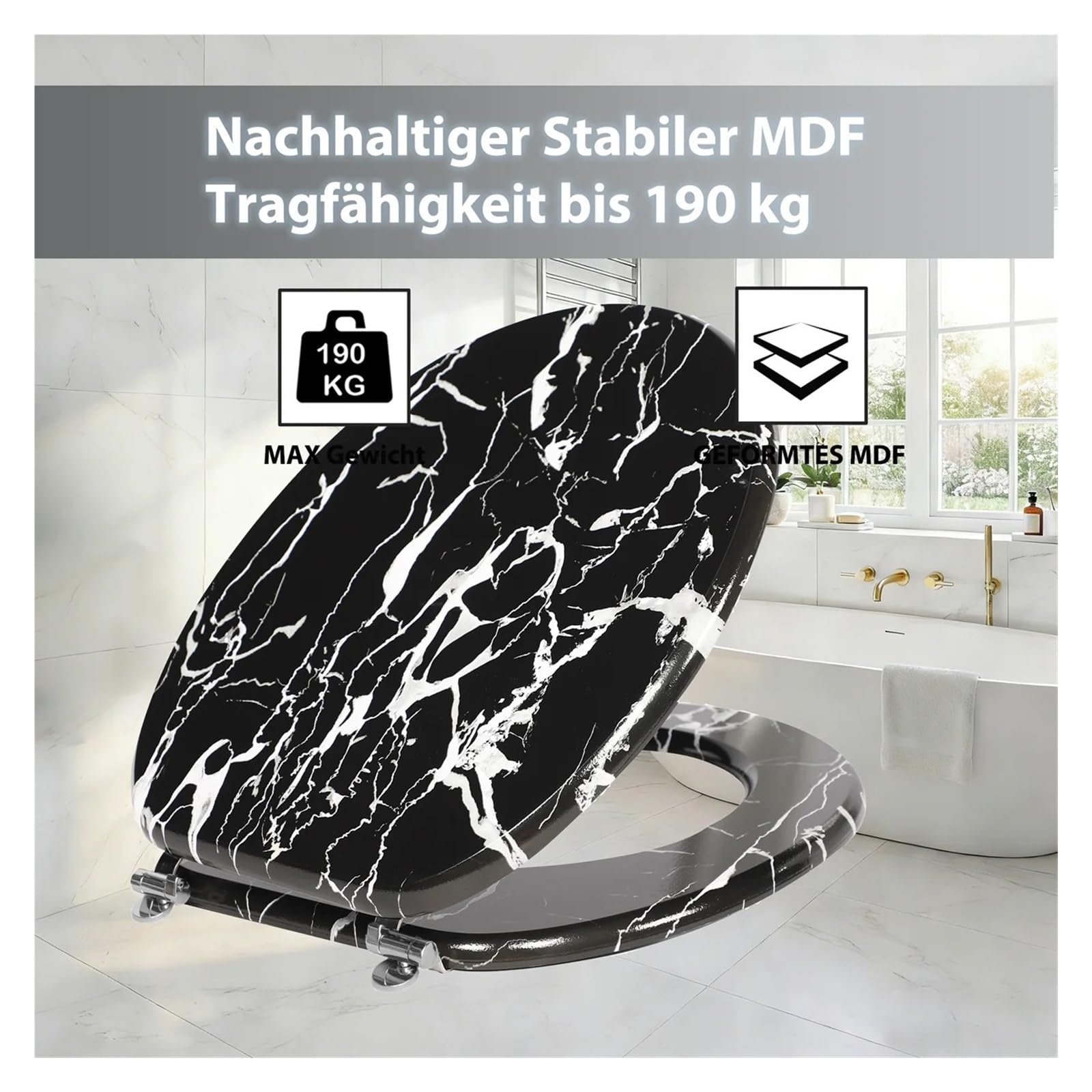 Sedile WC Con Coperchio Chiusura Ammortizzata, Antibatterico Anima In Legno Mdf, Motivo Marmo Robusto E Confortevole