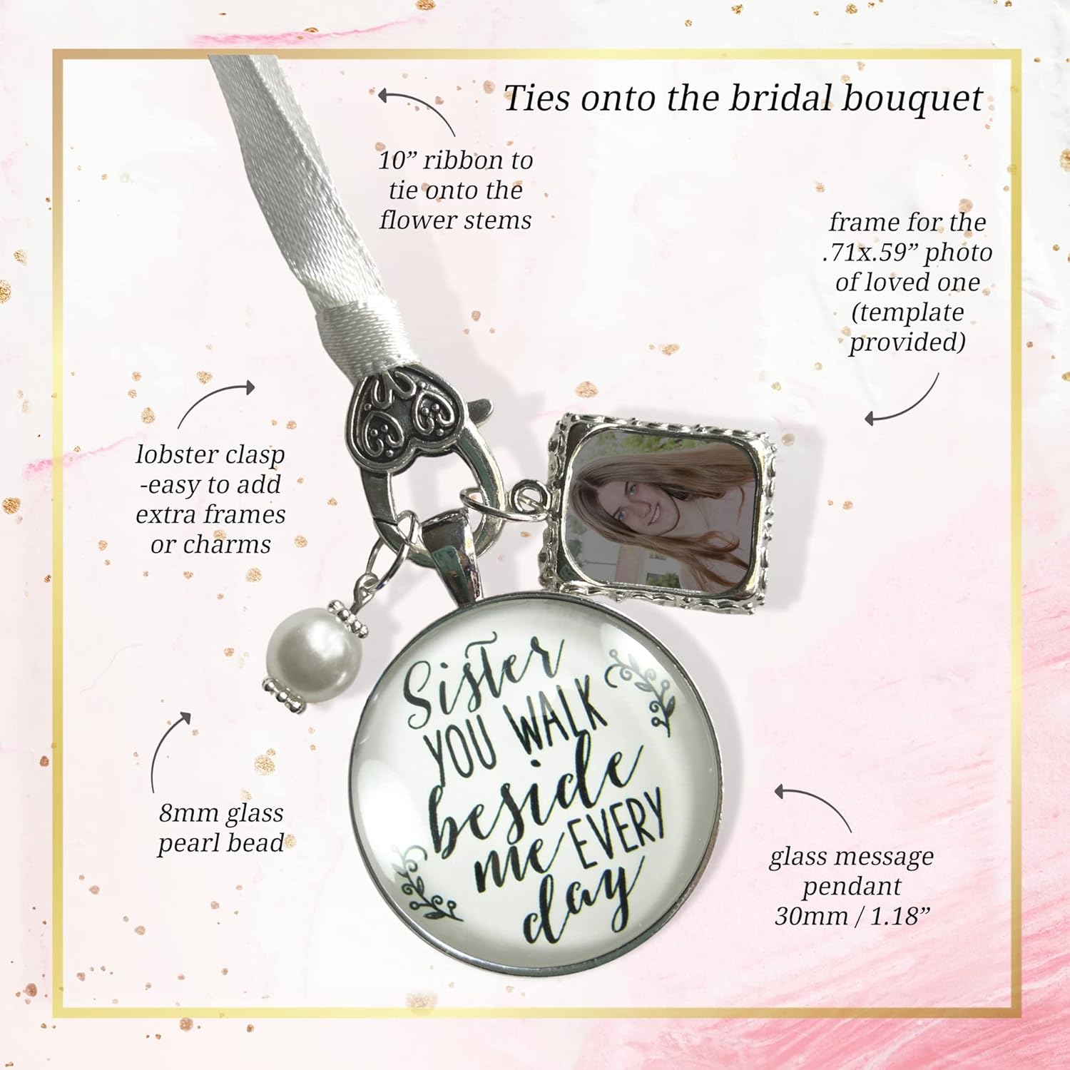 Gutsy Goodness Bouquet Charm Sister Memorial Wedding Jewelry Brother Bridal Remembrance Photo Frame Sentimental Gift Pendant