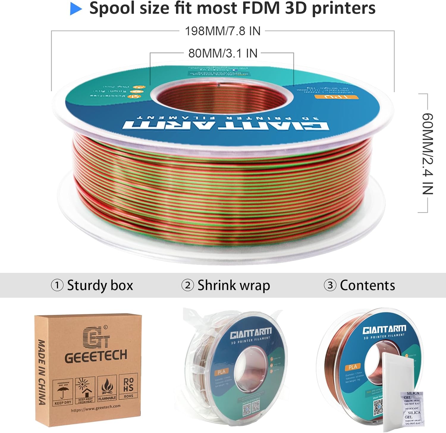 GIANTARM 3D Printer PLA Filament,Shiny Silk Red Green Dual Color Filament,1.75mm Dimensional Accuracy +/-0.03mm, 1080 Feet per Roll, Vacuum Packaging, for Most 3D FDM Printer