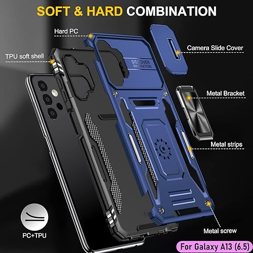 Miniatura 3 de Funda resistente para Samsung Galaxy A13 (5G), protector híbrido de goma de doble capa de grado militar con protector de cámara deslizante, soporte