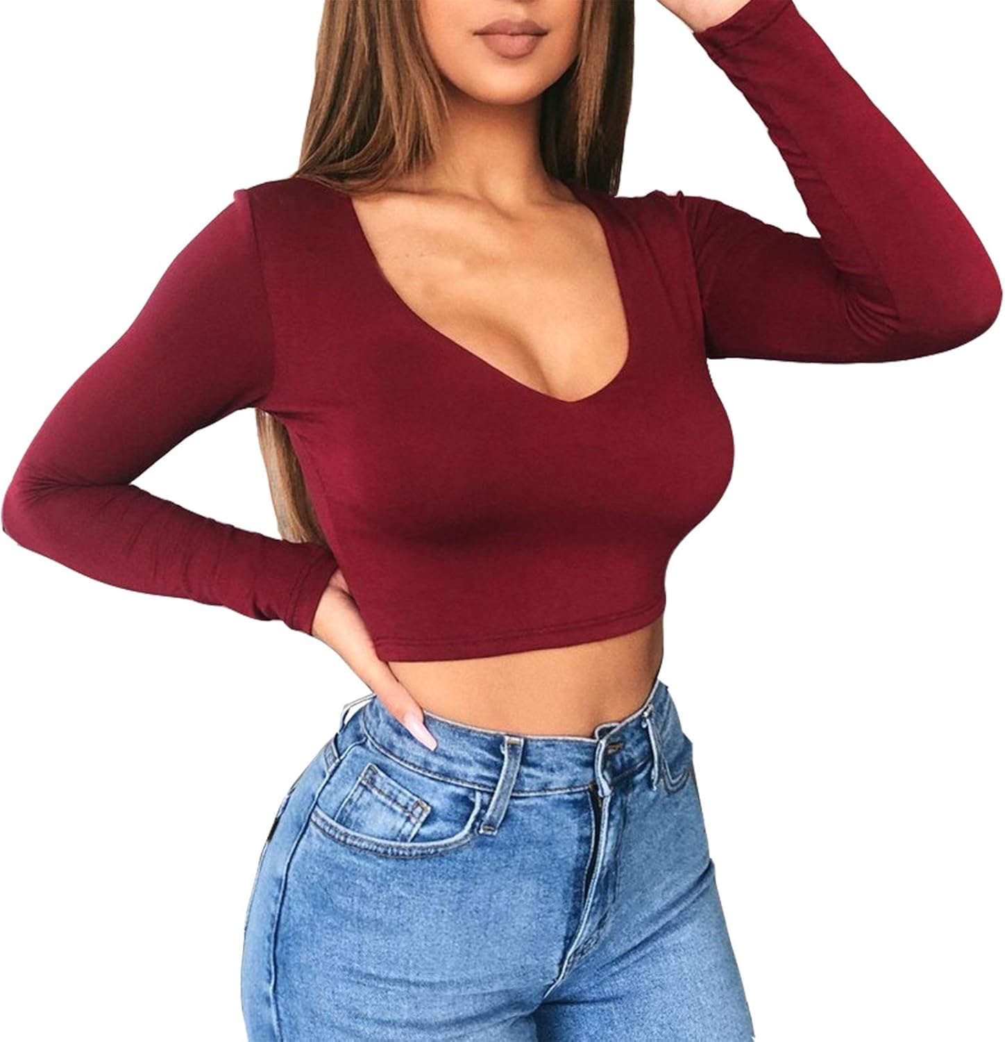 Artfish Women's Long Sleeve Scoop V Neck Crop Top - Image 4