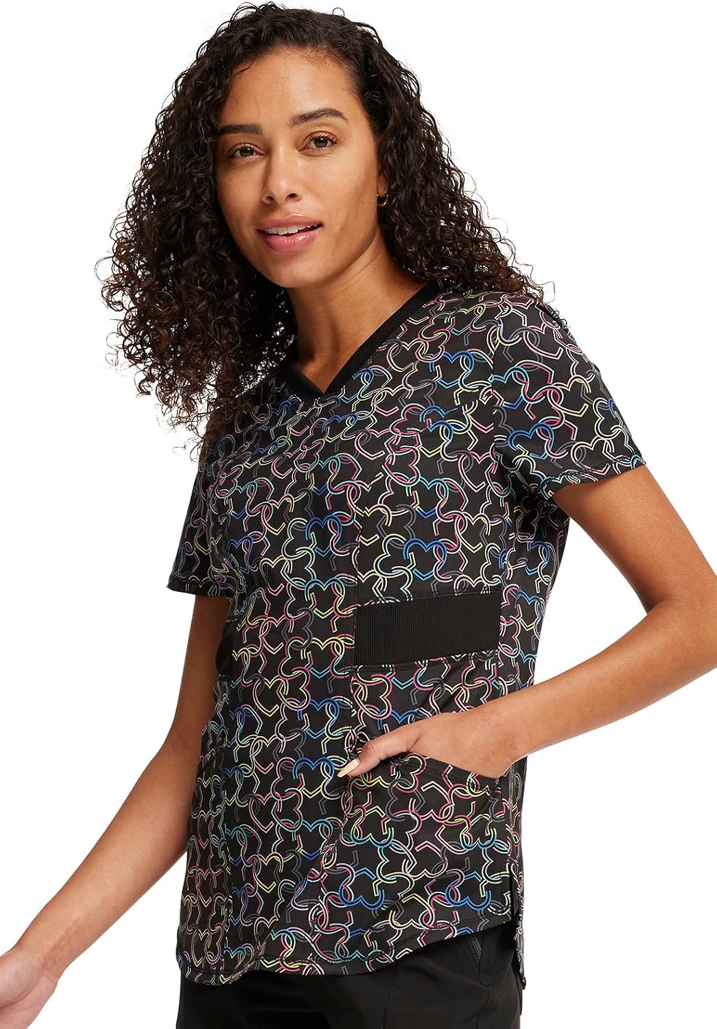 Infinity Contemporary Women's V-Neck Print Scrub Top with 2 Pockets, Back Princess Seams, Shirttail Hem & Side Vents - CK771