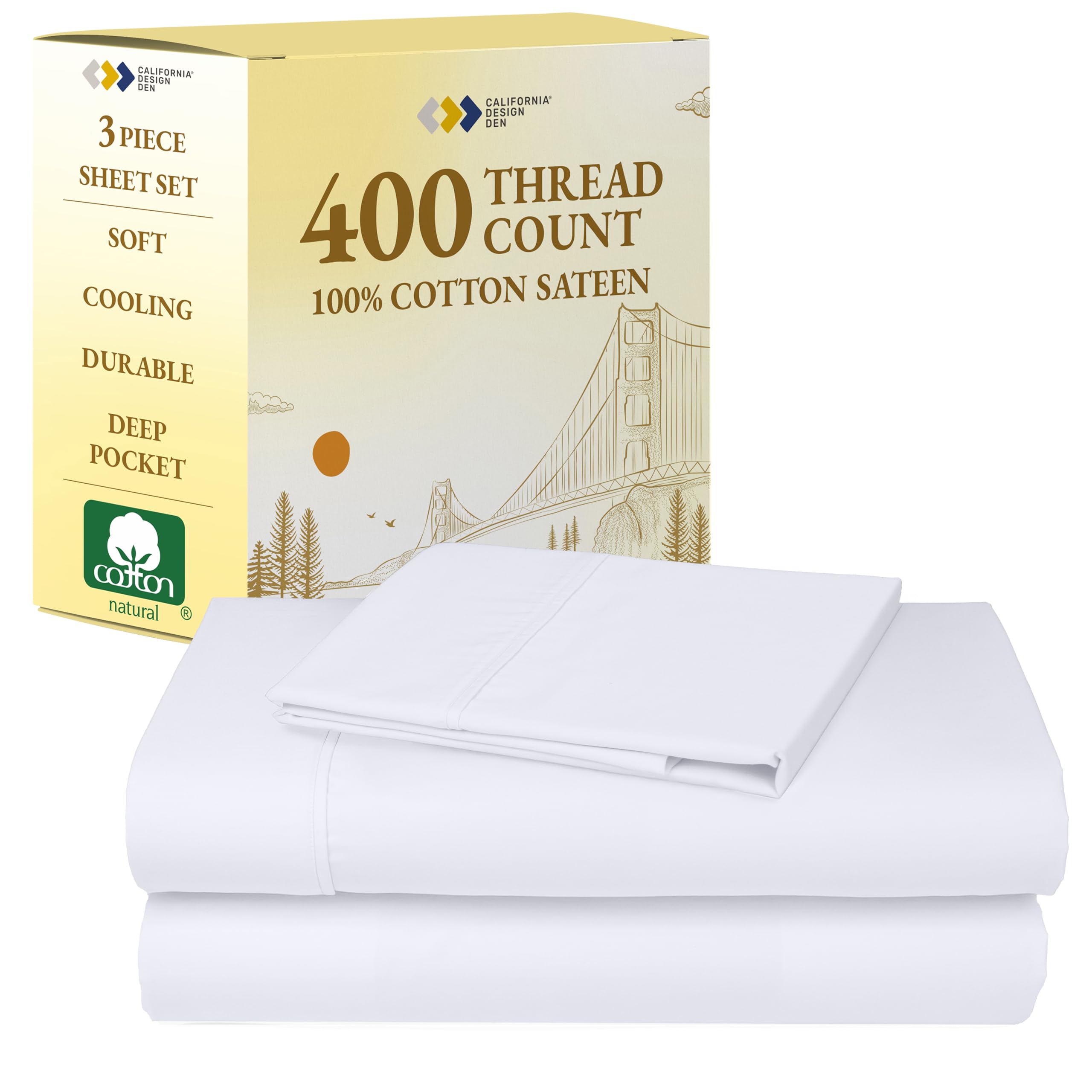 California Design Den Twin Sheets Set - Soft 400 Thread Count Sateen, Natural 100% Cotton Sheets, Deep Pockets with All Around Elastic for a Snug Fit, Cool & Durable Bedding Set - WhiteOEKO-TEX STANDARD 100
