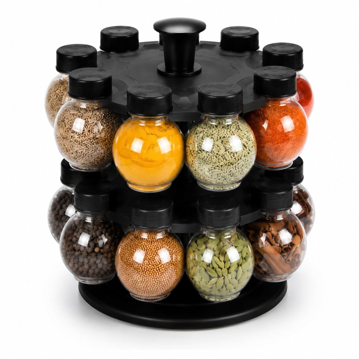 360° Rotating Spice Rack with 12 Transparent Spice Jars, Black | Revolving Masala Organizer Stand, Plastic Seasoning Container Set, Airtight Lids, Kitchen Countertop Storage-image-20