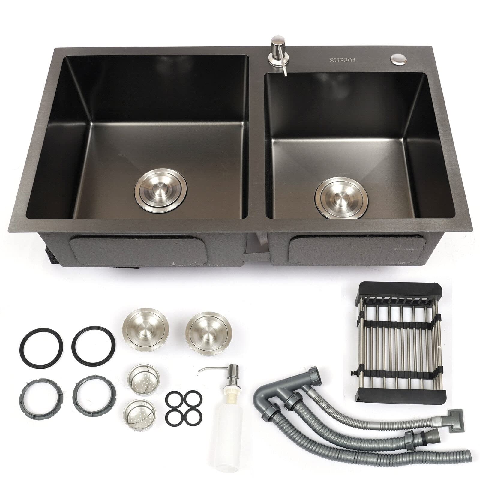 Lavello da Incasso in Acciaio Inox Nero, 1 Vasca, Grande capacità, Doppia Vasca con Dispenser di Sapone e scolapasta (78 x 43 cm, 2 vasche) - Lavello da Cucina