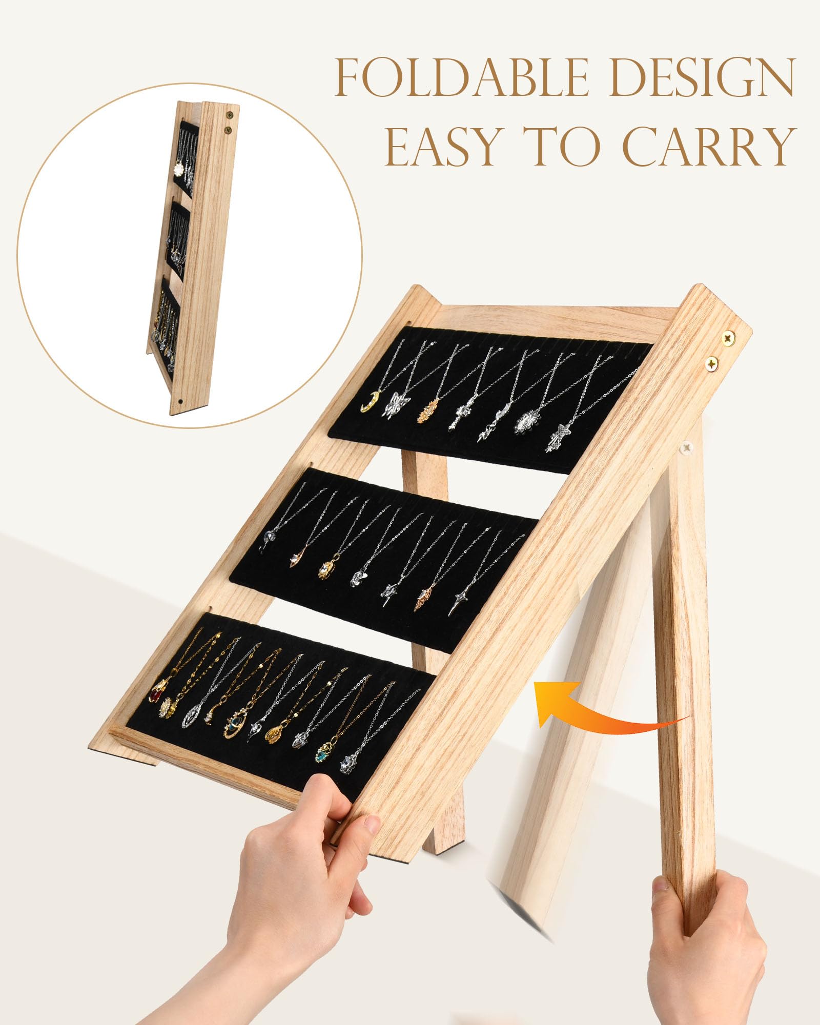 Bulado Présentoir à colliers pour vendeurs, présentoir à bijoux pliable à 3 niveaux avec 66 emplacements, support de collier en bois avec velours pour la vente, organisateur de rangement de bijoux