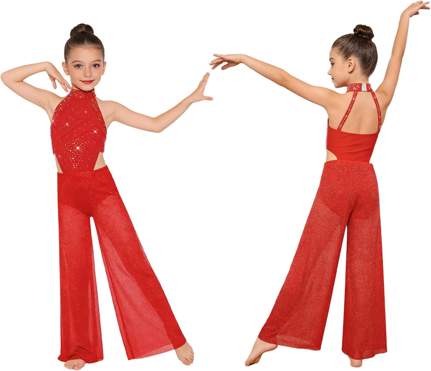 Jhaoyu Modern Lyrical Dance Jumpsuit for Girls Gliter Rhinestones Sheer Mesh Leg Cutout Ballet Gymnastics Leotards Bodysuit