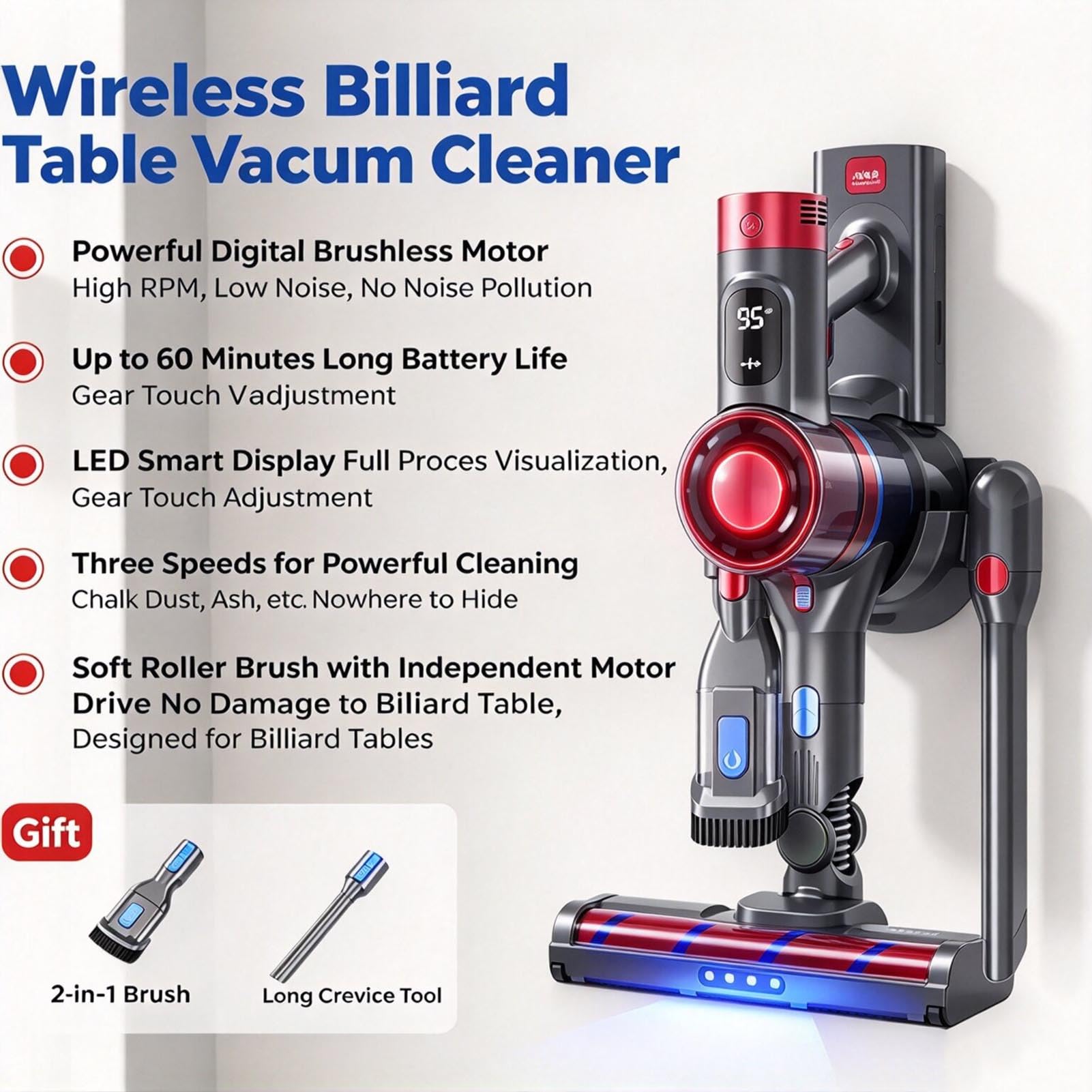 Kit pulitore Cordless per tavoli da Biliardo 18 kPa, Due velocità