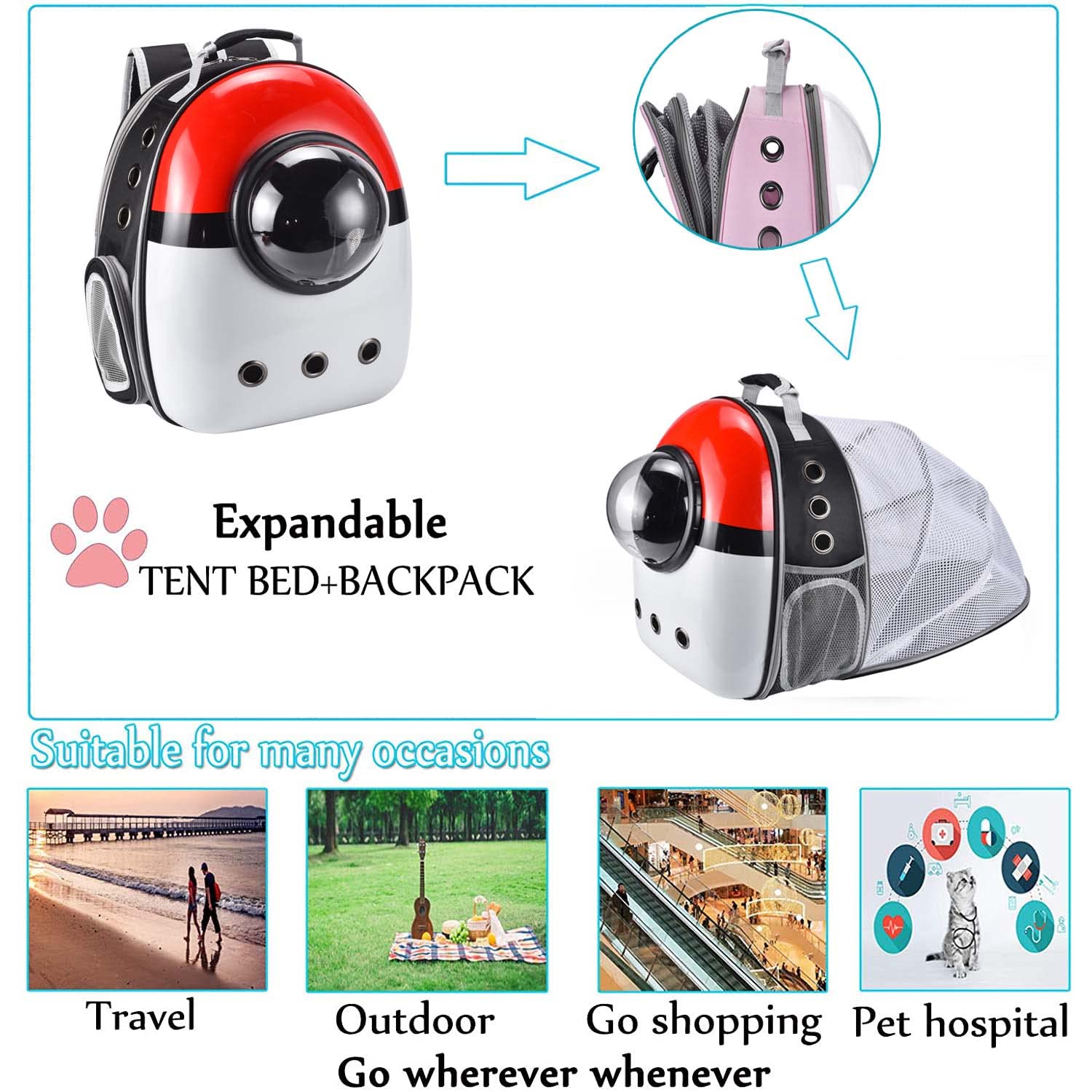 Haustier Hunde Katzen Rucksack Raumkapsel. Tragetaschen für Katzen und Hunde. Tragbar Transportrucksack Transporttasche für Haustiere. (Red and White, Hintere Verlängerung)