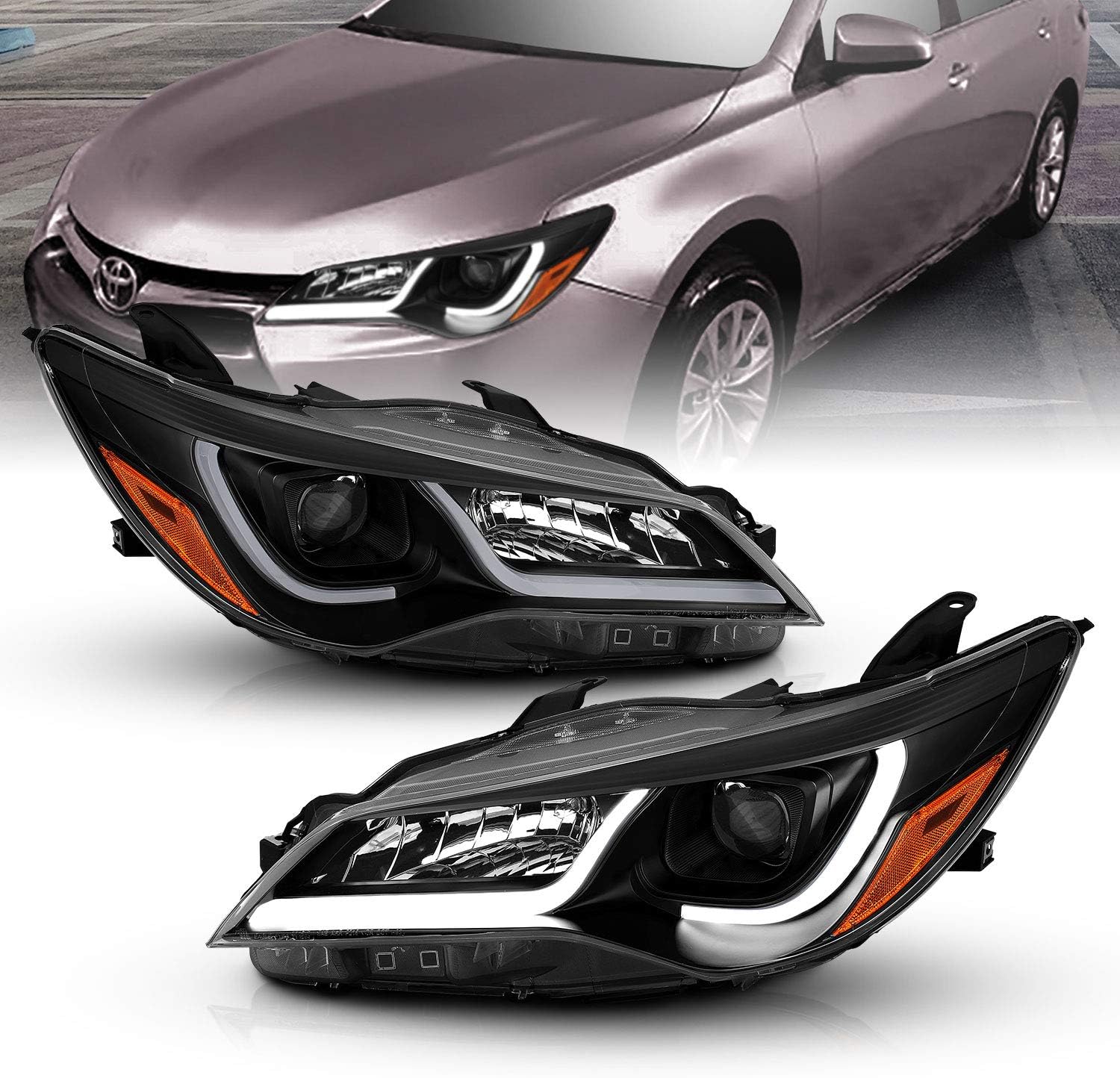 AmeriLite Glow LED Tube Projector Halogen Headlights Assembly Pair For 2015-2017 Toyota Camry Sedan - Passenger and Driver Side, Vehicle Light Assembly, Black