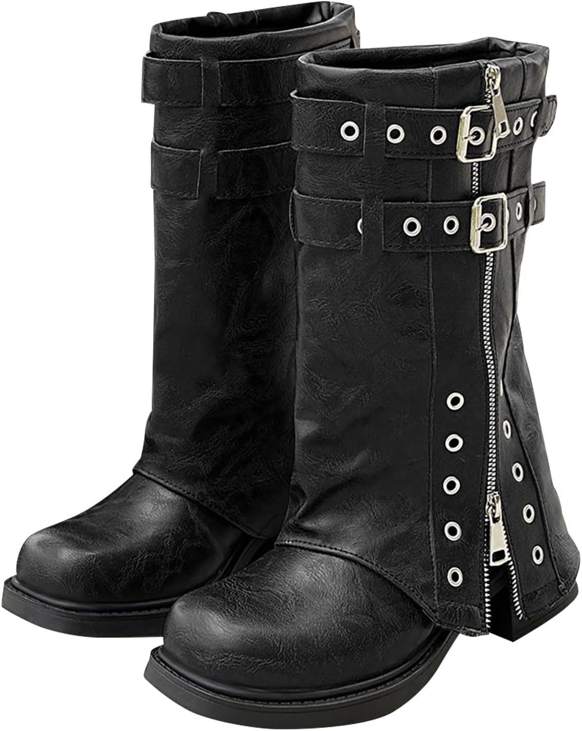 Fold Over Boots for Women, Fold Over Boots for Women Chunky Sole Mid Calf Zip Buckle Round Toe Booties Patent Leather Low Block Heel Ankle Boot Short Punk Western Cowboy Dress Shoe Footwear
