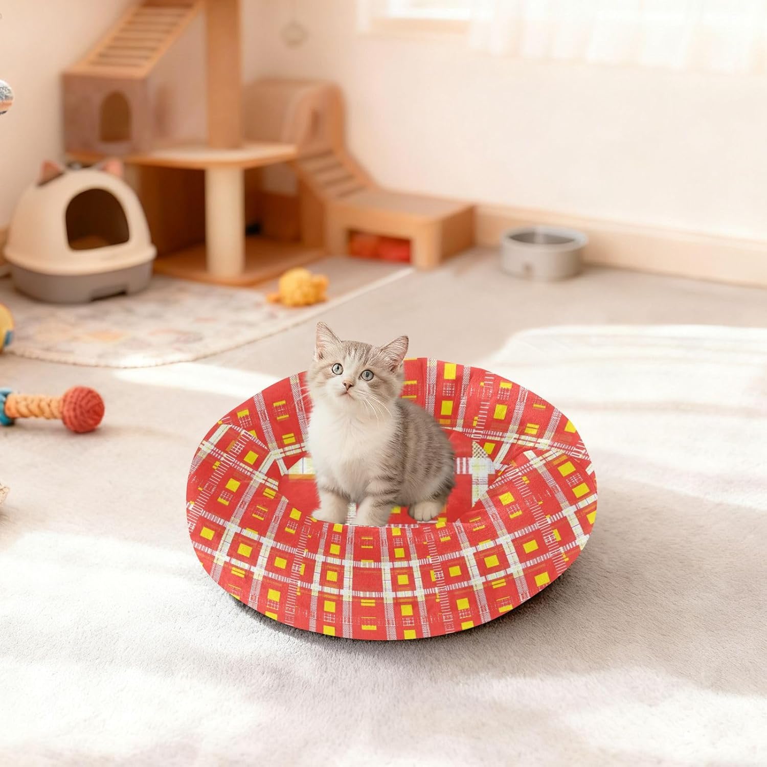 Pet Dog Bed Removable & Washable Fluffy Dog Pillow Bed for Extra Small Size Pets Sleeping M Red Yellow Checkered