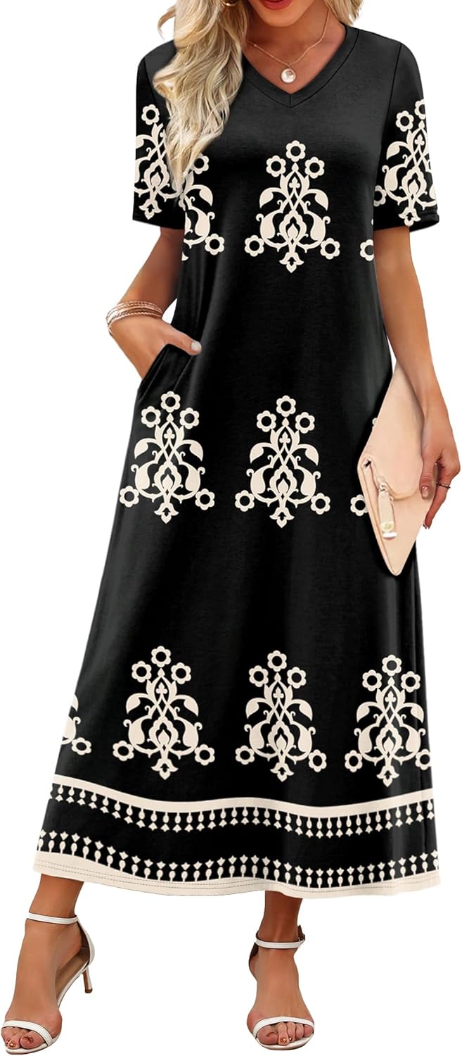 WIHOLL Women's Maxi Dresses V Neck Vacation Beach Sundresses Floral Travel Summer Dress OEKO-TEX STANDARD 100