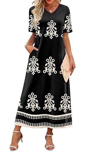 Women's Maxi Dresses V Neck Vacation Beach Sundresses Floral Travel