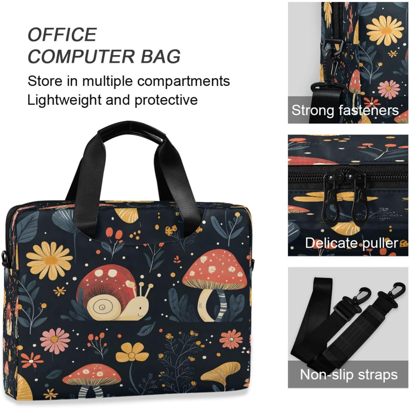 Cute Snails Mushrooms Flower 15.6 Inch Laptop Bag Briefcase for Business, Water-Resistant Computer Bag Fits 14-16 Inch Notebook for Men Women, Office Travel Work Backpack