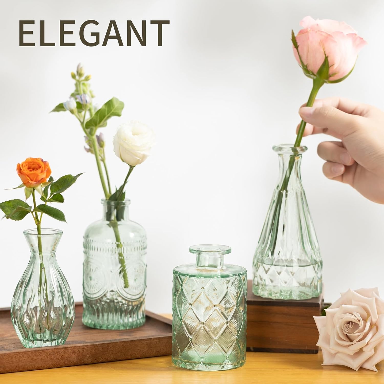 Vintage Small Glass Vases Set of 10,Mini Bud Vases for Flowers,Amber Glass Vases for Centerpieces,Wedding Decorations,Home Table Flower Decor(Sage Green) - Image 6