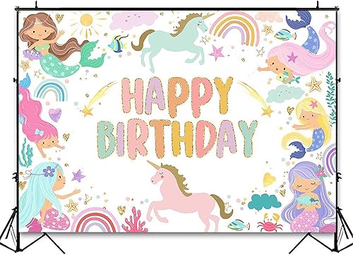 Miniatura 3 de Avezano Telón de fondo de cumpleaños de sirena y unicornio, decoración de fiesta de cumpleaños de sirena, arco iris, unicornio, decoración de fiesta