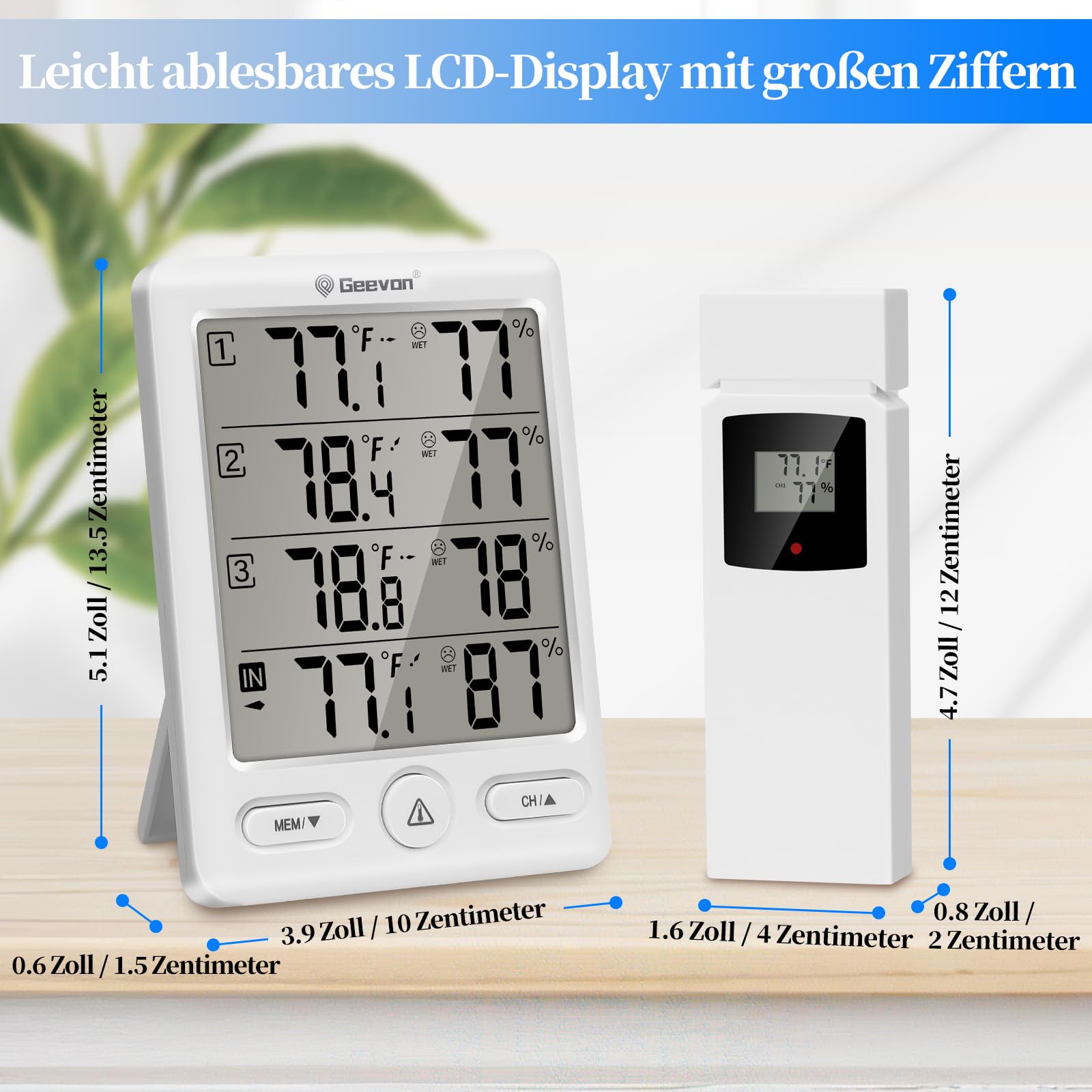 Geevon Thermometer Innen Außen mit 3 Fernsensoren, Hygrometer Digital, Temperatur und Luftfeuchtigkeitsmesser mit 60M/200FT Reichweite (228646 Weiß ohne Batterie)