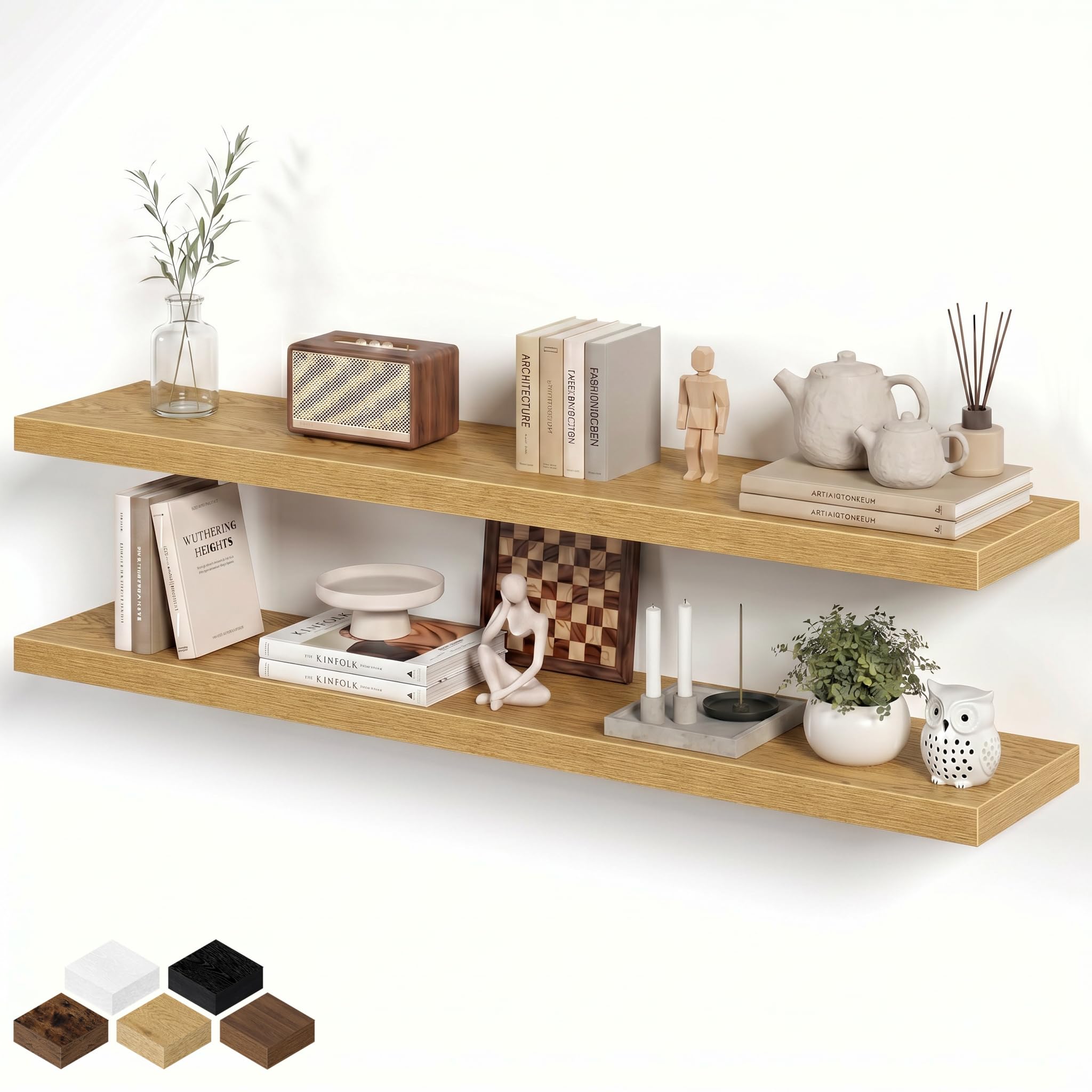 Fun Memories 140cm Long Floating Shelves for Wall, 20cm Deep Floating Shelves for Bathroom Living Room Bedroom, Rustic Wall Mounted Shelf with Invisible Heavy-Duty Bracket, Set of 2, Oak