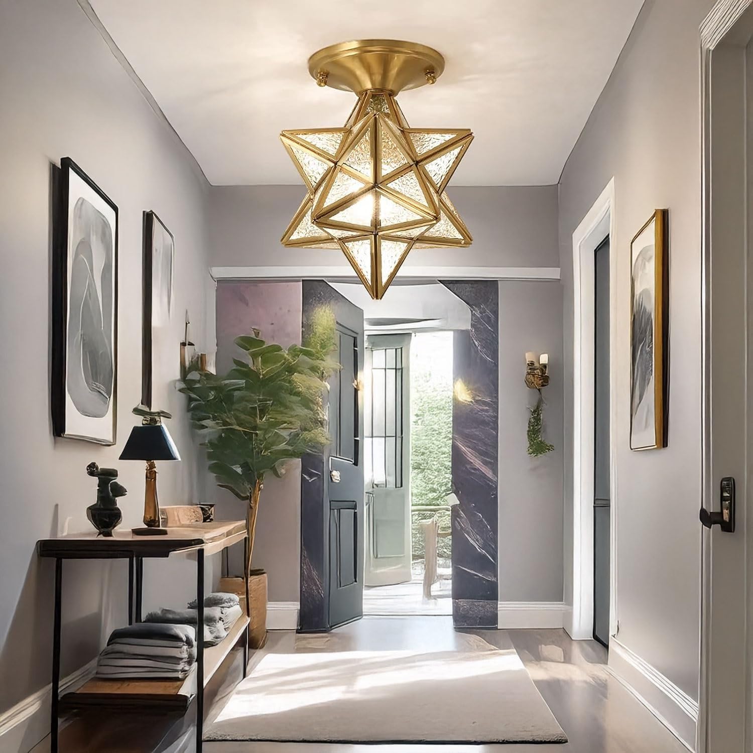 Modern Nordic Star Geometric Flush Mount LED Ceiling Light, E27 3-Color Dimming Brass Water Corrugated Glass Semi Flushmount Fixture, for Entryway Hallway Bedroom Living Room