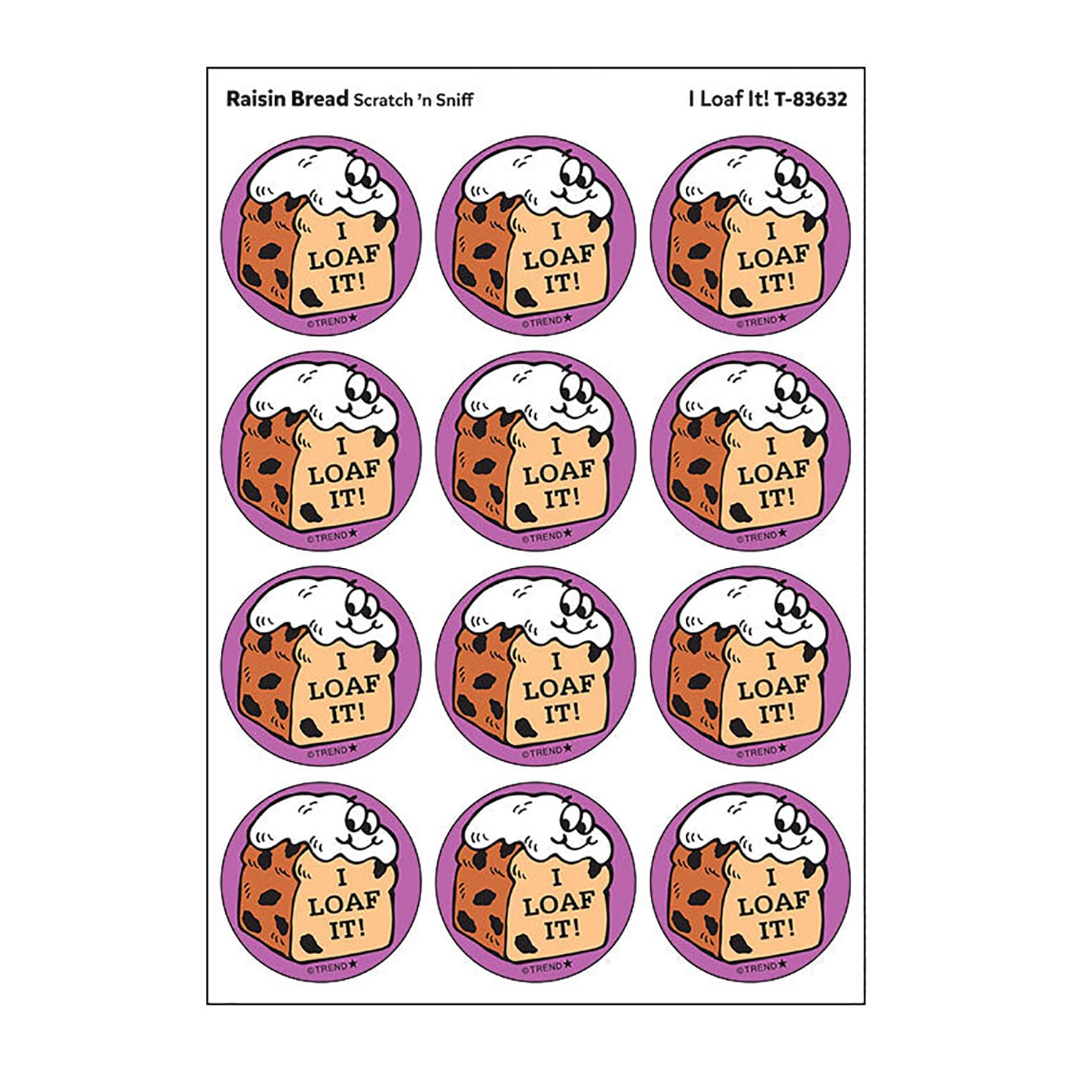 I Loaf It!/Raisin Bread Scent Retro Scratch 'n Sniff Stinky Stickers by TREND; 24 Seals/Pack - Authentic 1980s Designs!