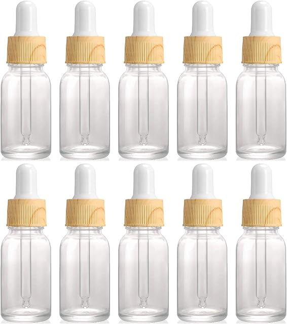 Alledomain 10Pcs, 10ml Clear Glass Bottles with Dropper Pipettes, Mini Empty Dropper Bottles Wood Grain Plastic Cap Refillable Sample Container for Essential Oil/Aromatherapy Blends/Chemical Liquid