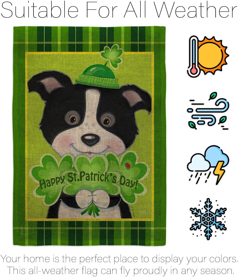 St. Pat's Puppy Garden Flag - Set with Stand Spring St Patrick Shamrock Leprechaun Lucky Coin Holiday March Irish Clover - House Decoration Banner Small Yard Gift Double-Sided Made In USA 13 X 18.5