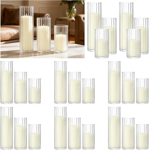 48 PCS Ivory Pillar Candles (2" x3, 4, 6) with Ribbed Glass Cylinder Vases (2.6" x5, 6, 8), Hurricane Glass Candle Holders, Dripless Candles for Wedding Centerpieces, Home & Table Decor