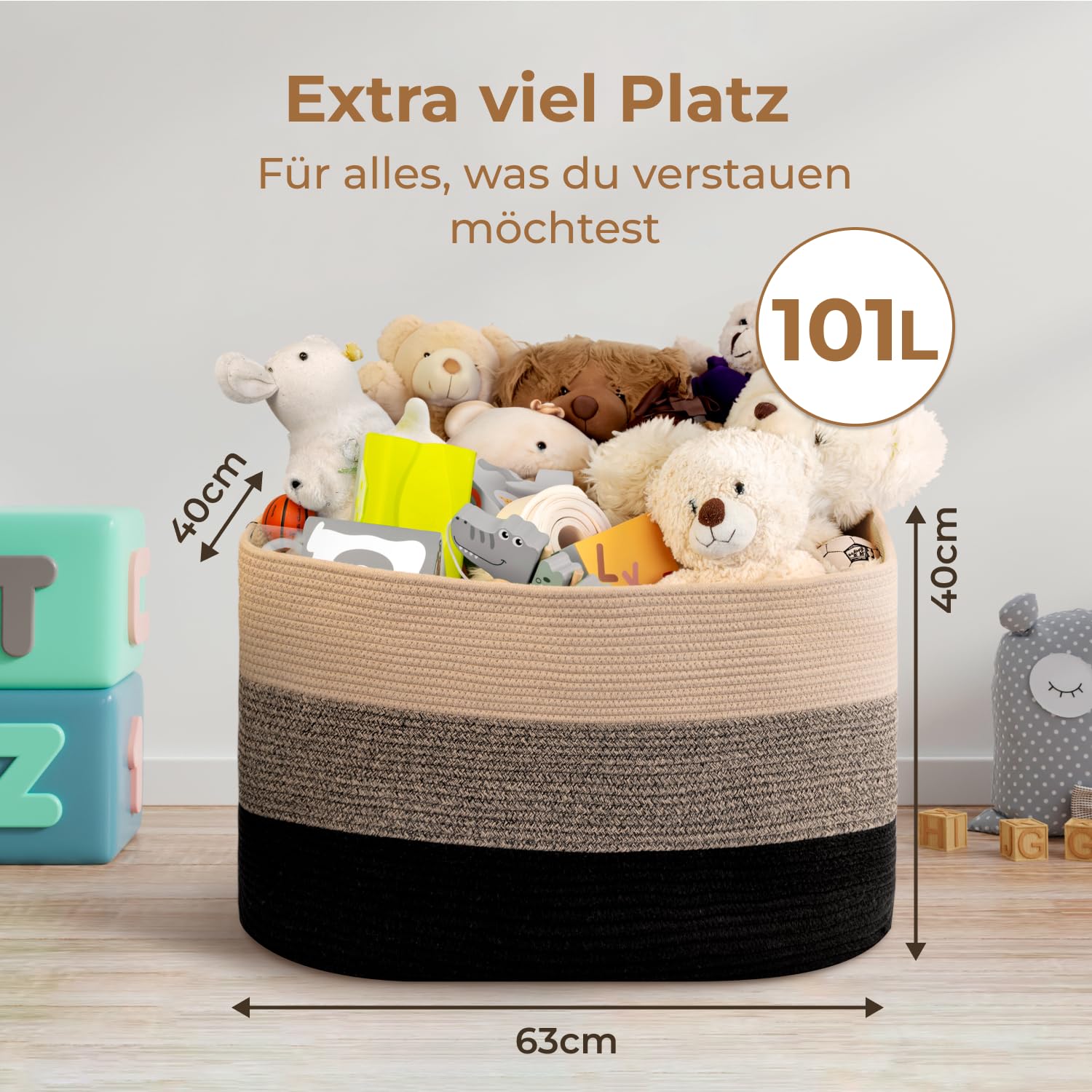 Cesto portaoggetti rettangolare per cameretta dei bambini intrecciato in cotone per riporre coperte, soggiorno, organizer per giocattoli con manici (giallo nero, 63 x 40 x 40 cm)