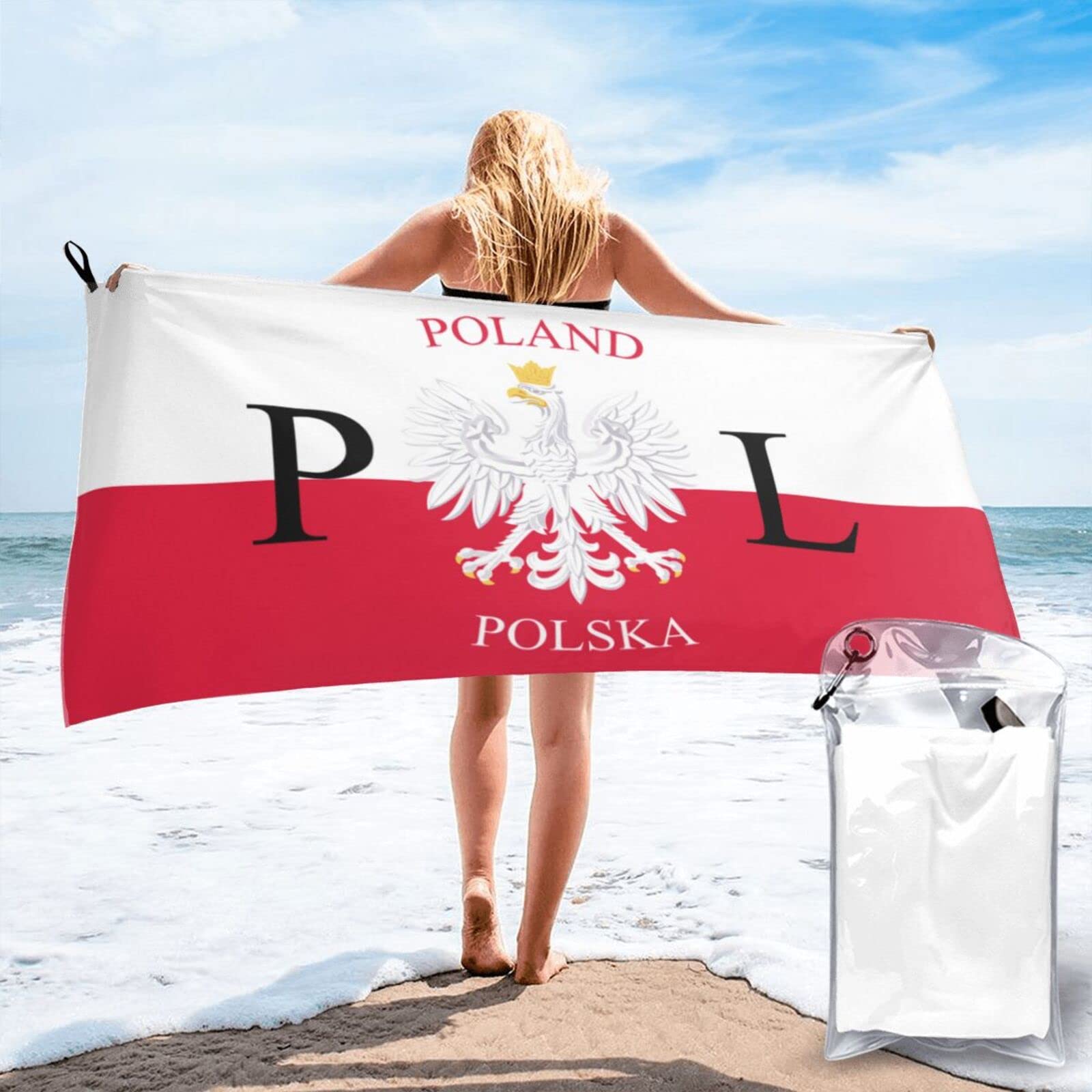 Lawenp Polish Flag Poland Polska Microfiber Beach Towel Adults Large Quick Drying Bath Towel Travel Towels with Pouch 27.5"x55"