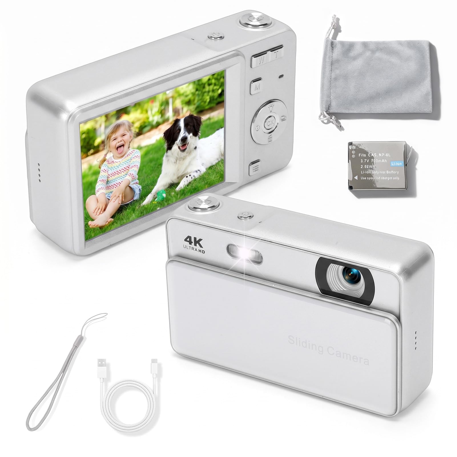 ciciglow Digital Camera, 64MP HD Autofocus 4K Retro Sliding Camera, 16X Digital Zoom CCD Cameras with 2.8 Inch Screen for Teens Adult Beginner (Silver)