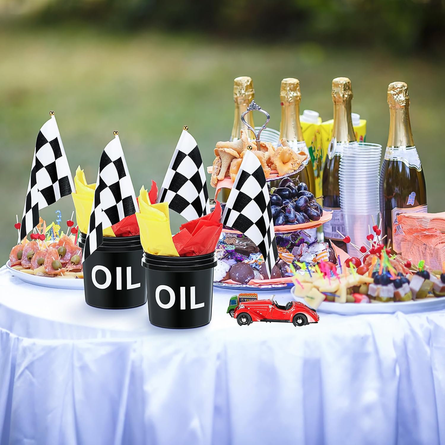 Silipull 48 Pcs Race Car Party Decorations 6 Sets Racing Table Centerpieces Including 12 Checkered Flags 6 Plastic Drums 6 Oil Stickers 24 Tissue Papers for Race Car Themed Birthday Party Supplies