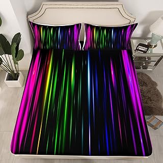 Geometric Abstract Ombre Fitted Sheet, Rainbow Striped Bedding Set for Men Adult Teens, Colorful Gradient Lines Bed Sheets, Bohemian Stripes Bed Set, Modern Pastel Sheets with Pocket, 3Pcs Queen