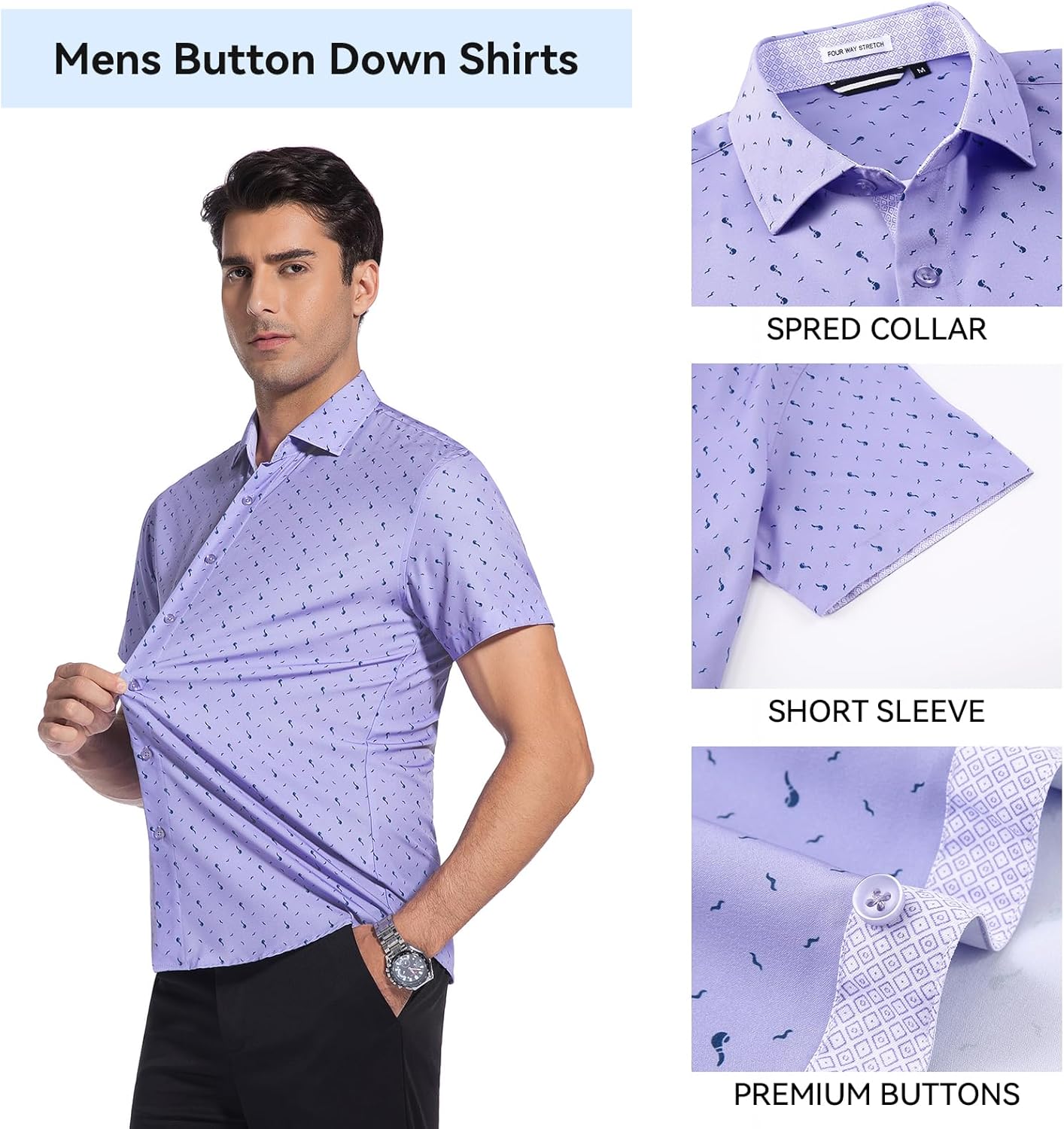 WARHORSEE Mens Printed Dress Shirts Wrinkle Free 4-Way Stretch Lightweight Summer Short Sleeve Button Down Shirts for Men - Image 5