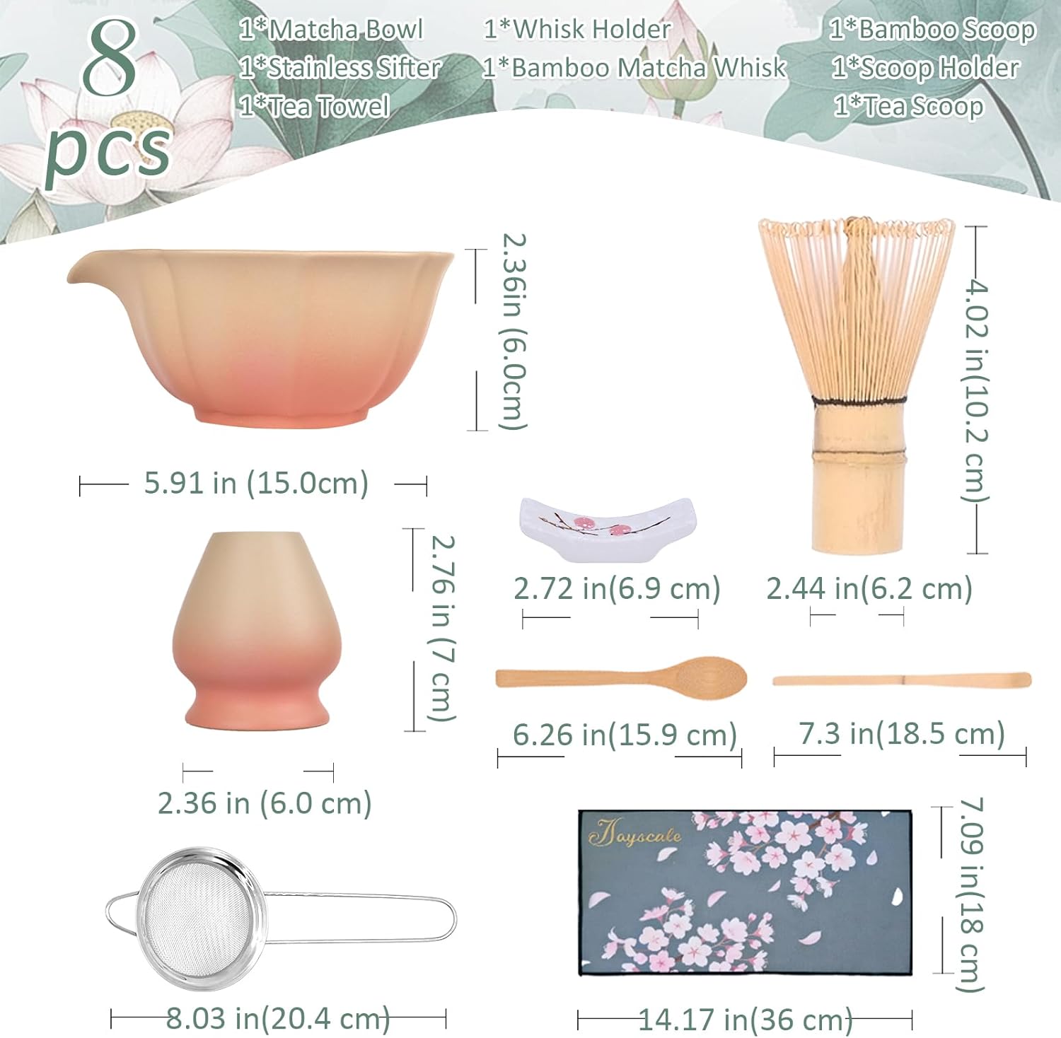 Joyscale Matcha Whisk Set, Matcha Set Whisk And Bowl, 8 Pcs Matcha Kit Set(Lotus Design), 11 OZ, Japanese Matcha Tea Set, Matcha Making Kit Gifts for Tea Lovers(Orange Pink) - Image 3