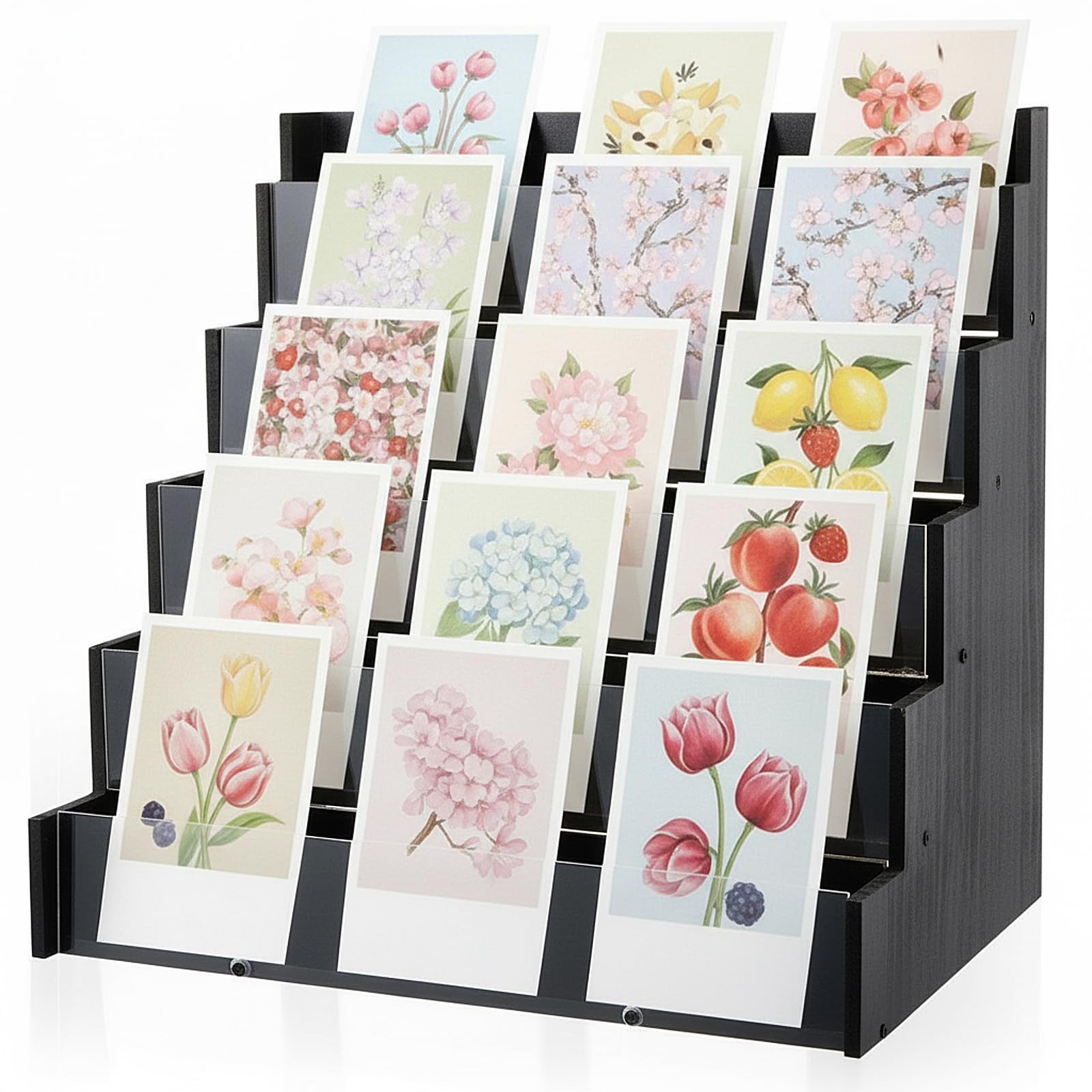 Yuntau 5 Tier Greeting Card Display Stand Black Bamboo and Acrylic Sticker Display Stand Trading Card Holder Retail Photos Shelf for Vendors Craft Collection & Show