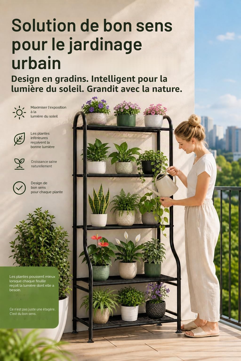 Support en métal pour plantes 5 niveaux 165 cm étagère verticale robuste avec pieds réglables