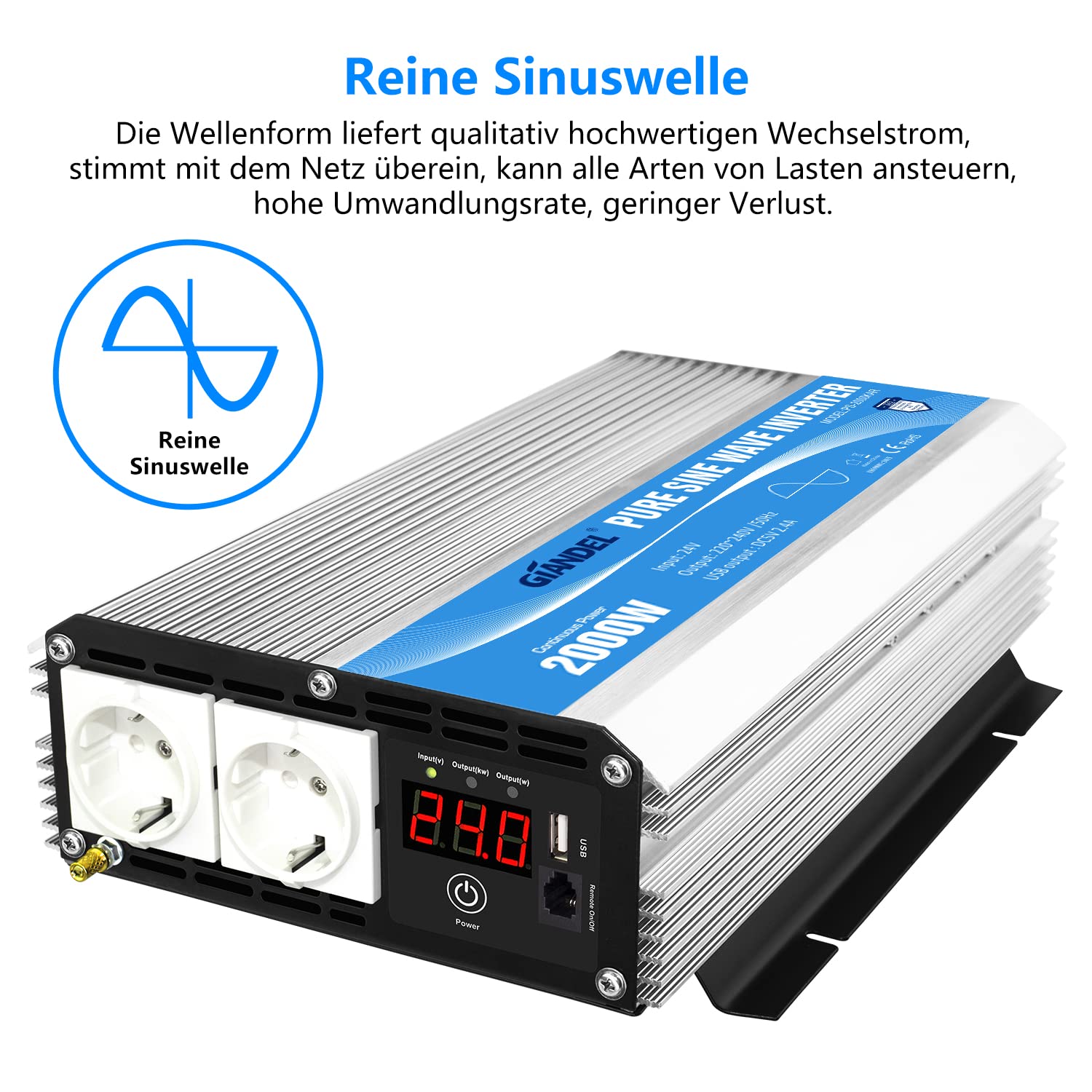 GIANDEL Wechselrichter 24V auf 230V Reiner Sinus 2000W Spannungswandler Für Wohnmobil, LKW Umwandler-Inverter mit LED-Anzeige, Fernbedienung, Zwei EU-Steckdosen & 2.4A USB