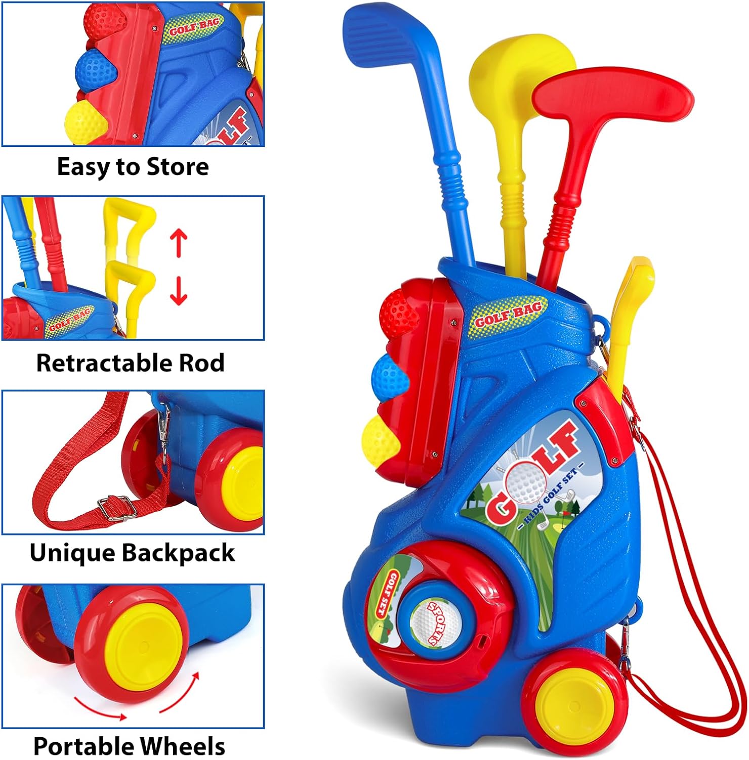 Toddler Golf Set for Boys Girls 1 2 3 4 Years Old, Upgraded Kids Golf Cart with Putting Mat & Cornhole Board, Outdoor Indoor Sports Toys, Blue