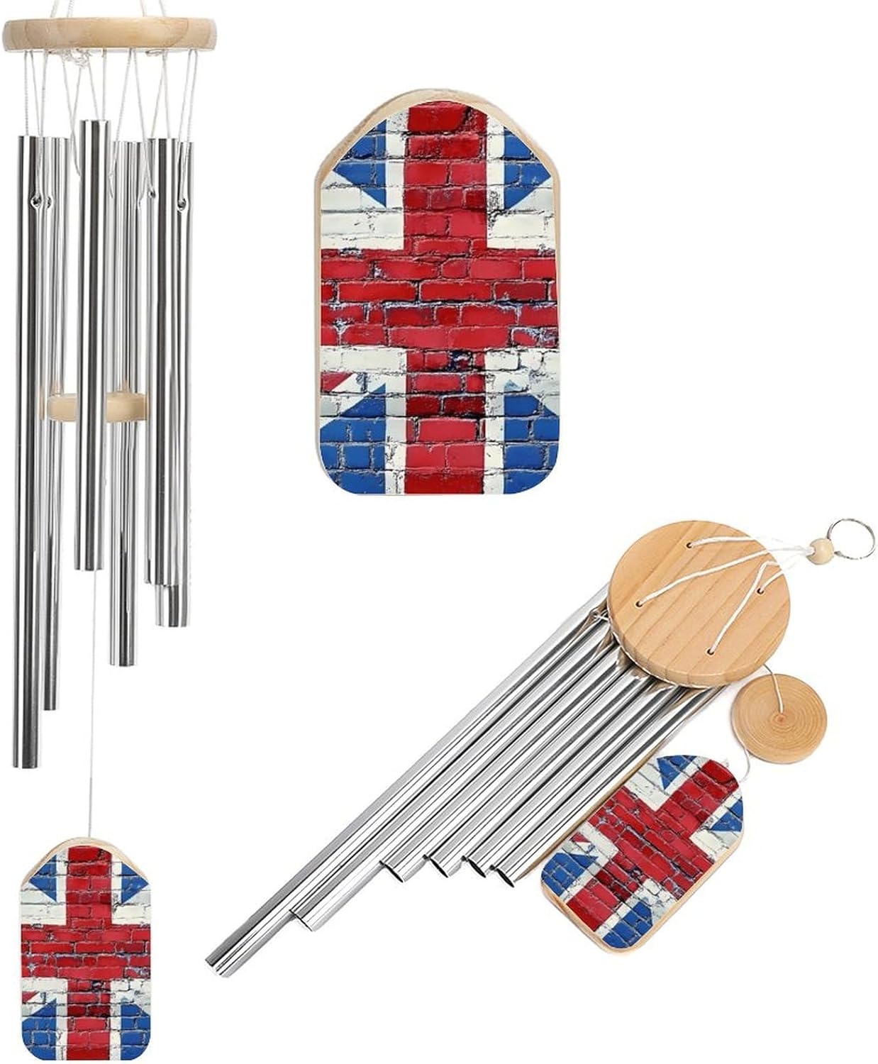 UK English Flag Brick Wall Wooden Wind Chimes Deep Tone Memorial Windchime for Outside Garden Home Decoration
