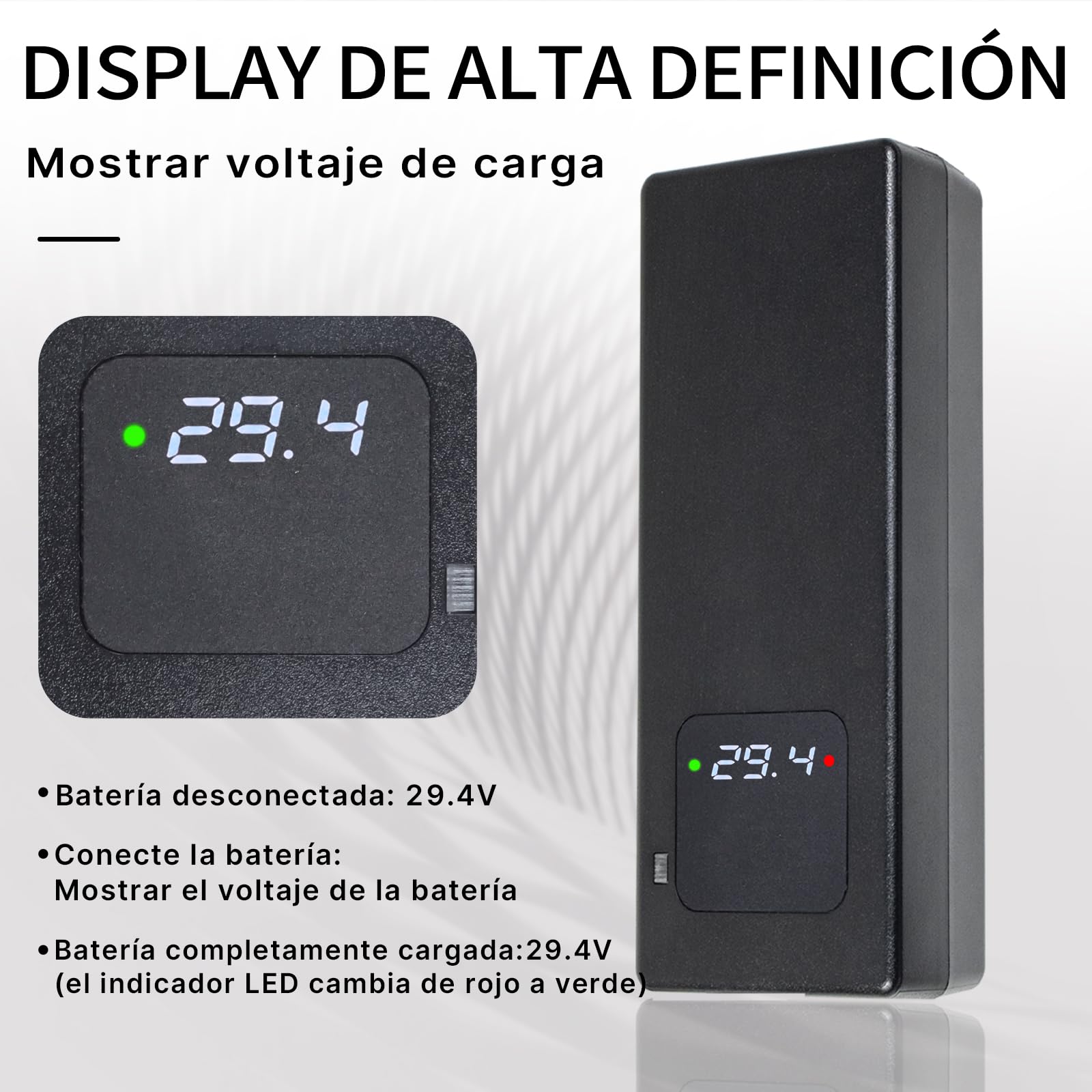 Caricatore 29,4 V 4 A agli ioni di litio 24 V, bicicletta elettrica e monopattino elettrico | Display LED, connettori RCA da 8 mm e DC 5,5 x 2,1/2,5 mm, protezione multipla e certificazione CE per una ricarica sicura.