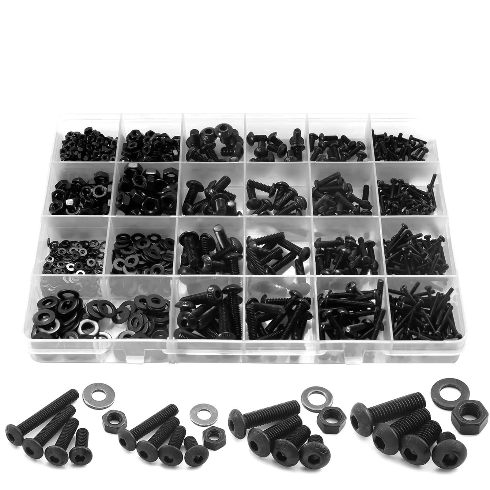 Juego de tornillos con cabeza hexagonal M2 M3 M4 M5 1060 Uds., redonda plana acero al carbono, Kit surtido pernos y tuercas caja almacenamiento para Electrónica(Round 1060pcs)