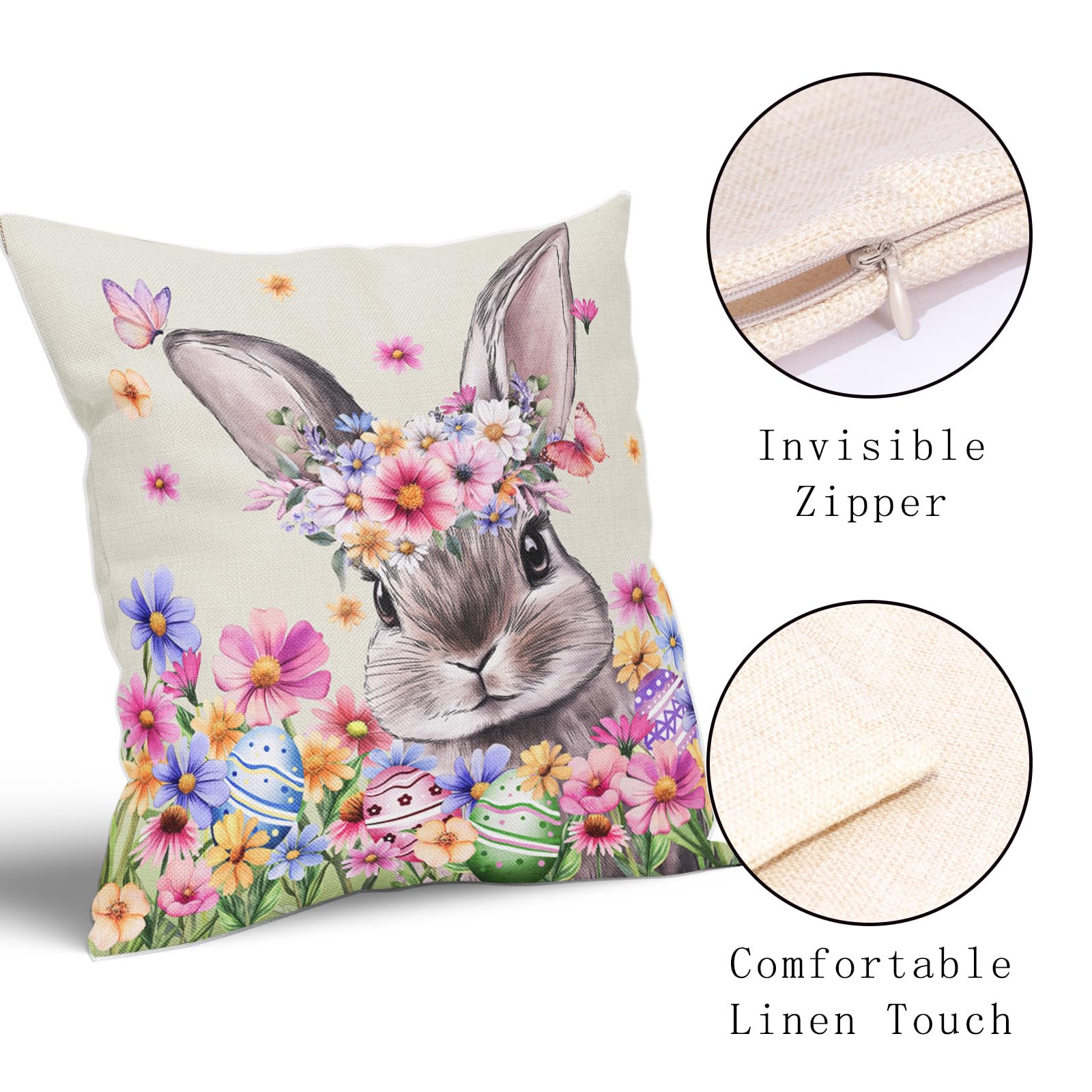 Spring Pillow Covers 20x20 Inch Set of 2 Rabbit Bunny Floral Flower Green Leaves Vintage Botanical Plants Easter Themed Cotton Linen Decorative Throw Pillow Case for Bedroom Sofa Living Room Chair