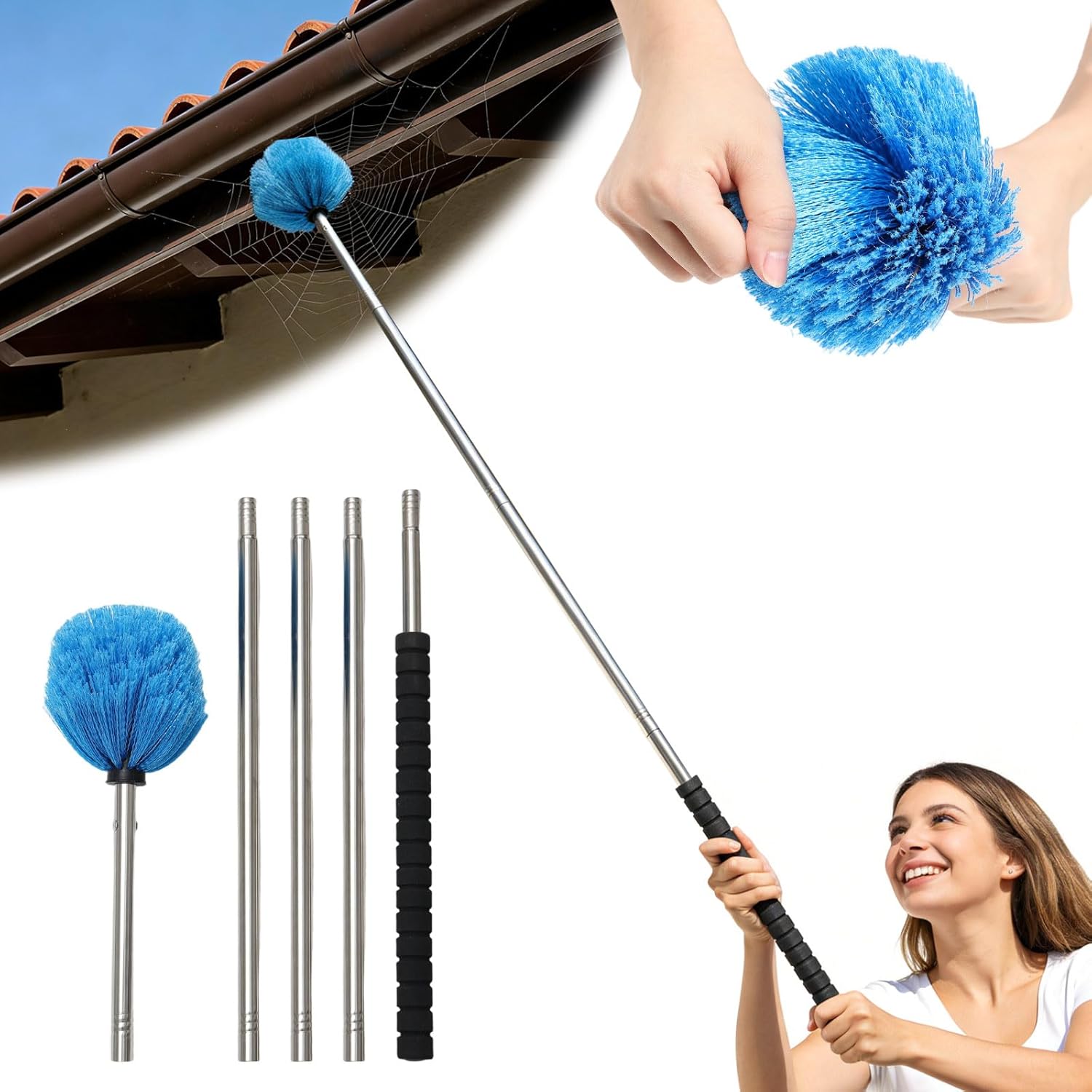 Cobweb Duster Brush with Extension Pole,Lightweight 5ft Long Spider Web Cobwebs Ceiling Fan Dust Cleaning Brush Kit with Washable Head for Furniture, Eaves, VentRoof House Cleaning up to 14ft