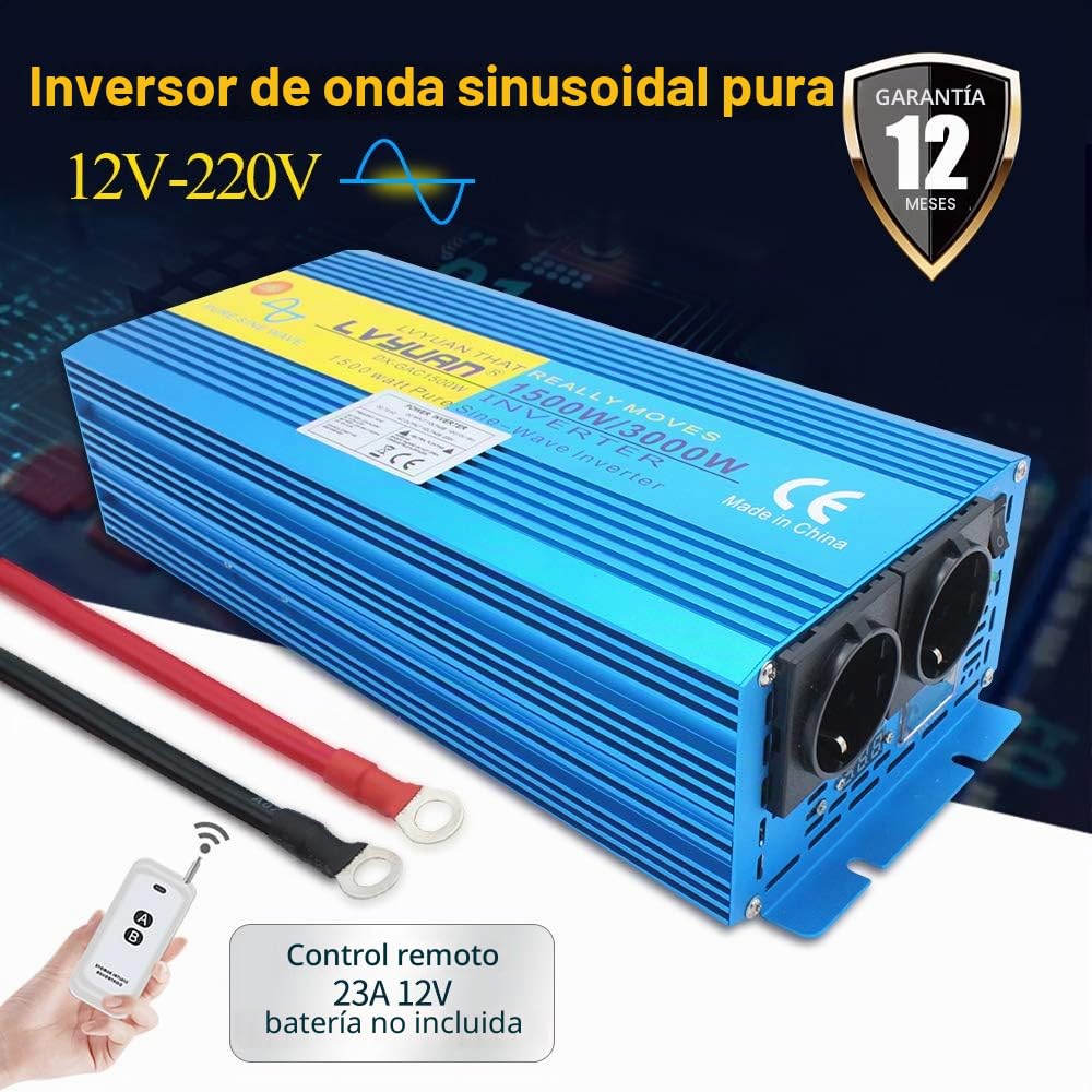 Cantonape 1500w/3000w Inversor de Corriente Onda Sinusoidal Pura,Transformador de 12v a 230v, Inversor con Mando a Distancia & 2 Toma EU Y LCD+LED para Coche Caravana Barco cámping