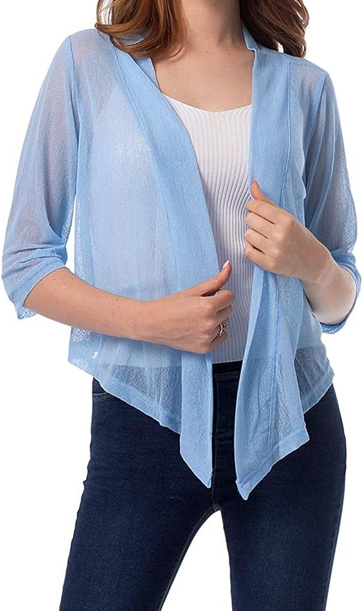 Runant Women Crop Cardigan 3/4 Sleeves Sheer Shrug Tops Tie Front Short